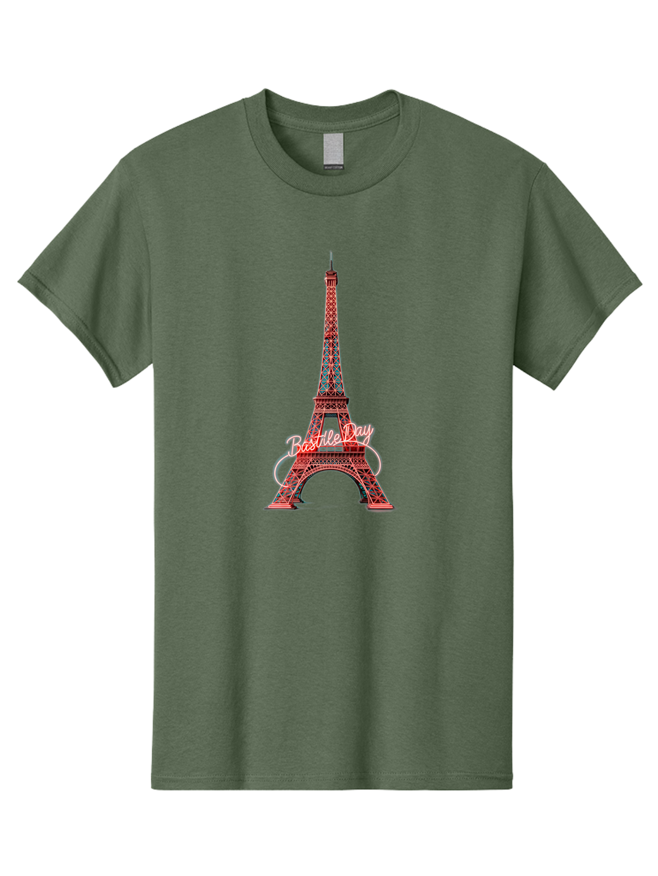 Bastille-Day-Eiffel-Tower Men'S Graphic Tee, 100% Cotton, Comfortable Casual Summer Wear, Machine Washable, Eiffel Tower, Red And Blue Lattice Design, Bastille Day, French Culture, Pink Cursive Text, White Swirls, Vibrant Colors, Bac619