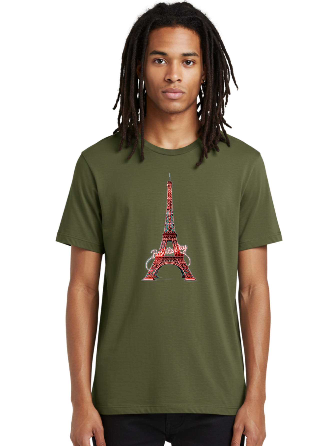 Bastille-Day-Eiffel-Tower Men'S Graphic Tee, 100% Cotton, Comfortable Casual Summer Wear, Machine Washable, Eiffel Tower, Red And Blue Lattice Design, Bastille Day, French Culture, Pink Cursive Text, White Swirls, Vibrant Colors, Bac619