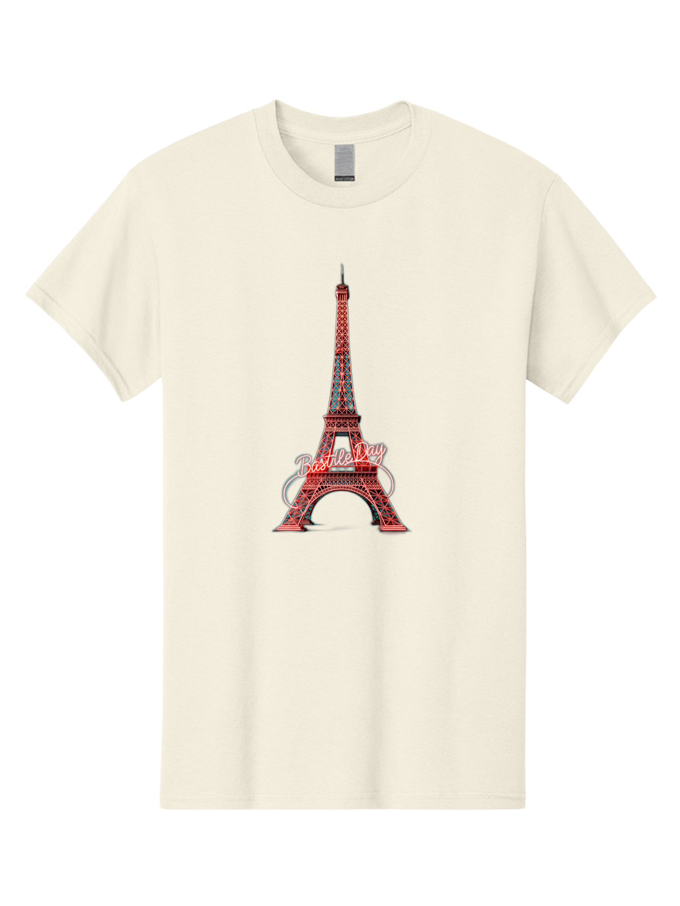Bastille-Day-Eiffel-Tower Men'S Graphic Tee, 100% Cotton, Comfortable Casual Summer Wear, Machine Washable, Eiffel Tower, Red And Blue Lattice Design, Bastille Day, French Culture, Pink Cursive Text, White Swirls, Vibrant Colors, Bac619