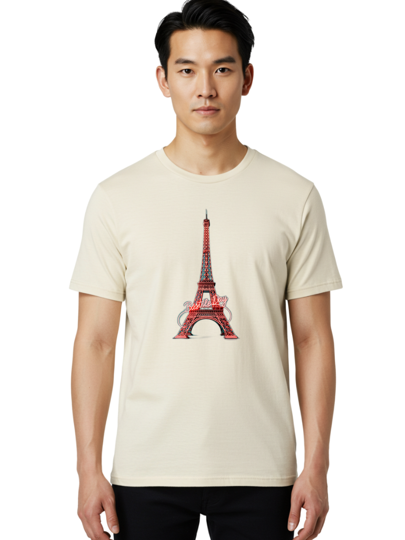 Bastille-Day-Eiffel-Tower Men'S Graphic Tee, 100% Cotton, Comfortable Casual Summer Wear, Machine Washable, Eiffel Tower, Red And Blue Lattice Design, Bastille Day, French Culture, Pink Cursive Text, White Swirls, Vibrant Colors, Bac619
