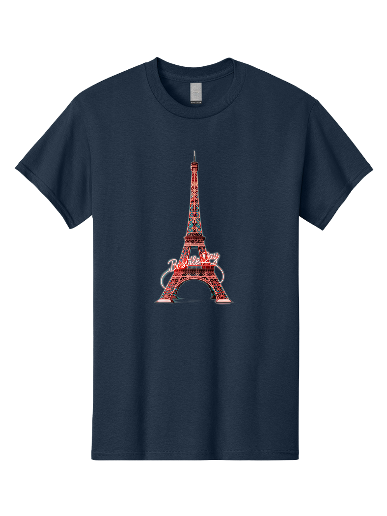 Bastille-Day-Eiffel-Tower Men'S Graphic Tee, 100% Cotton, Comfortable Casual Summer Wear, Machine Washable, Eiffel Tower, Red And Blue Lattice Design, Bastille Day, French Culture, Pink Cursive Text, White Swirls, Vibrant Colors, Bac619