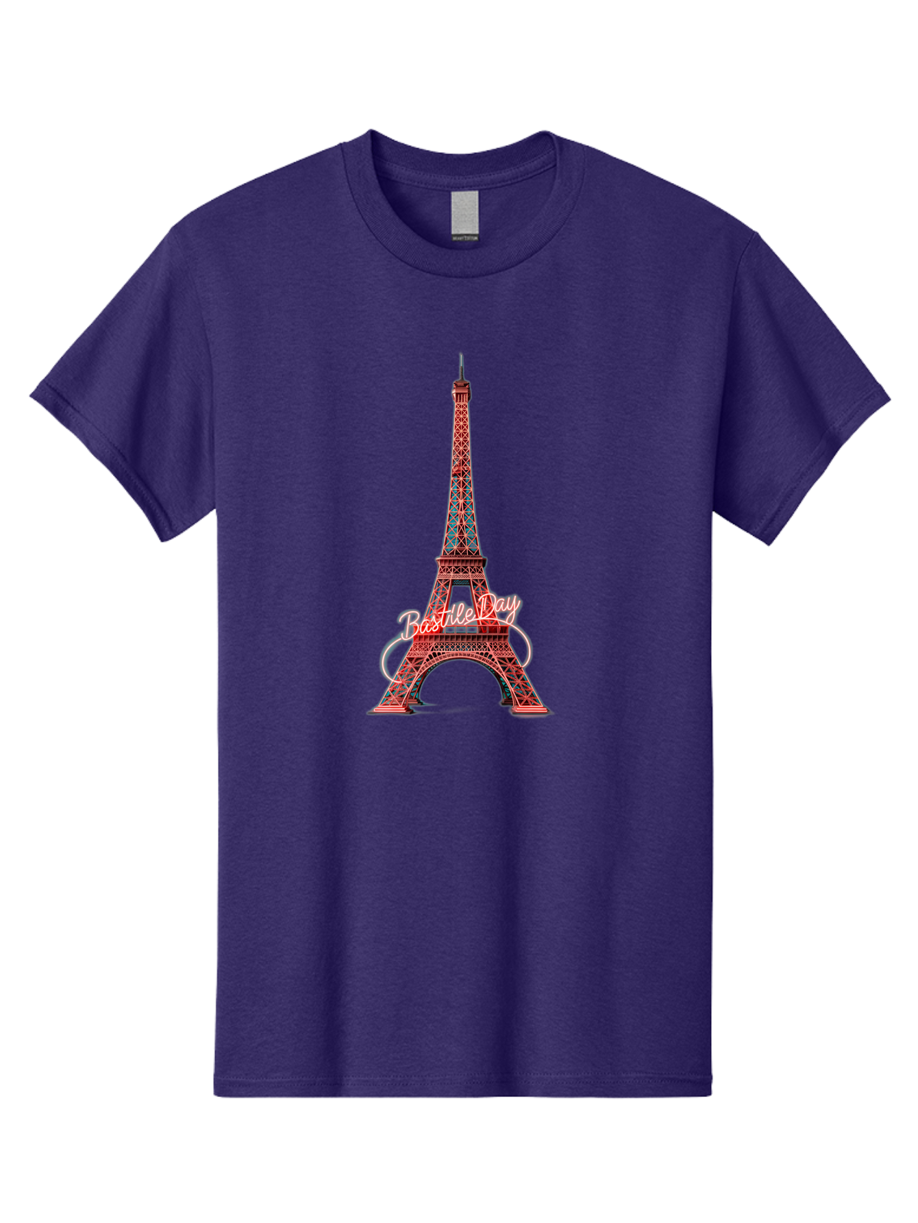 Bastille-Day-Eiffel-Tower Men'S Graphic Tee, 100% Cotton, Comfortable Casual Summer Wear, Machine Washable, Eiffel Tower, Red And Blue Lattice Design, Bastille Day, French Culture, Pink Cursive Text, White Swirls, Vibrant Colors, Bac619