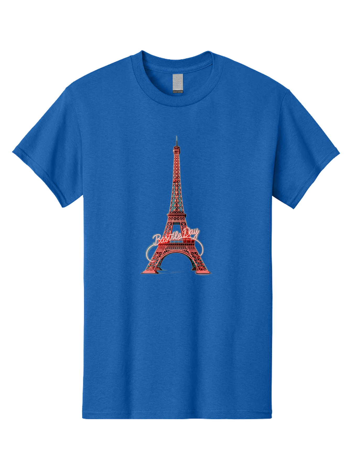 Bastille-Day-Eiffel-Tower Men'S Graphic Tee, 100% Cotton, Comfortable Casual Summer Wear, Machine Washable, Eiffel Tower, Red And Blue Lattice Design, Bastille Day, French Culture, Pink Cursive Text, White Swirls, Vibrant Colors, Bac619