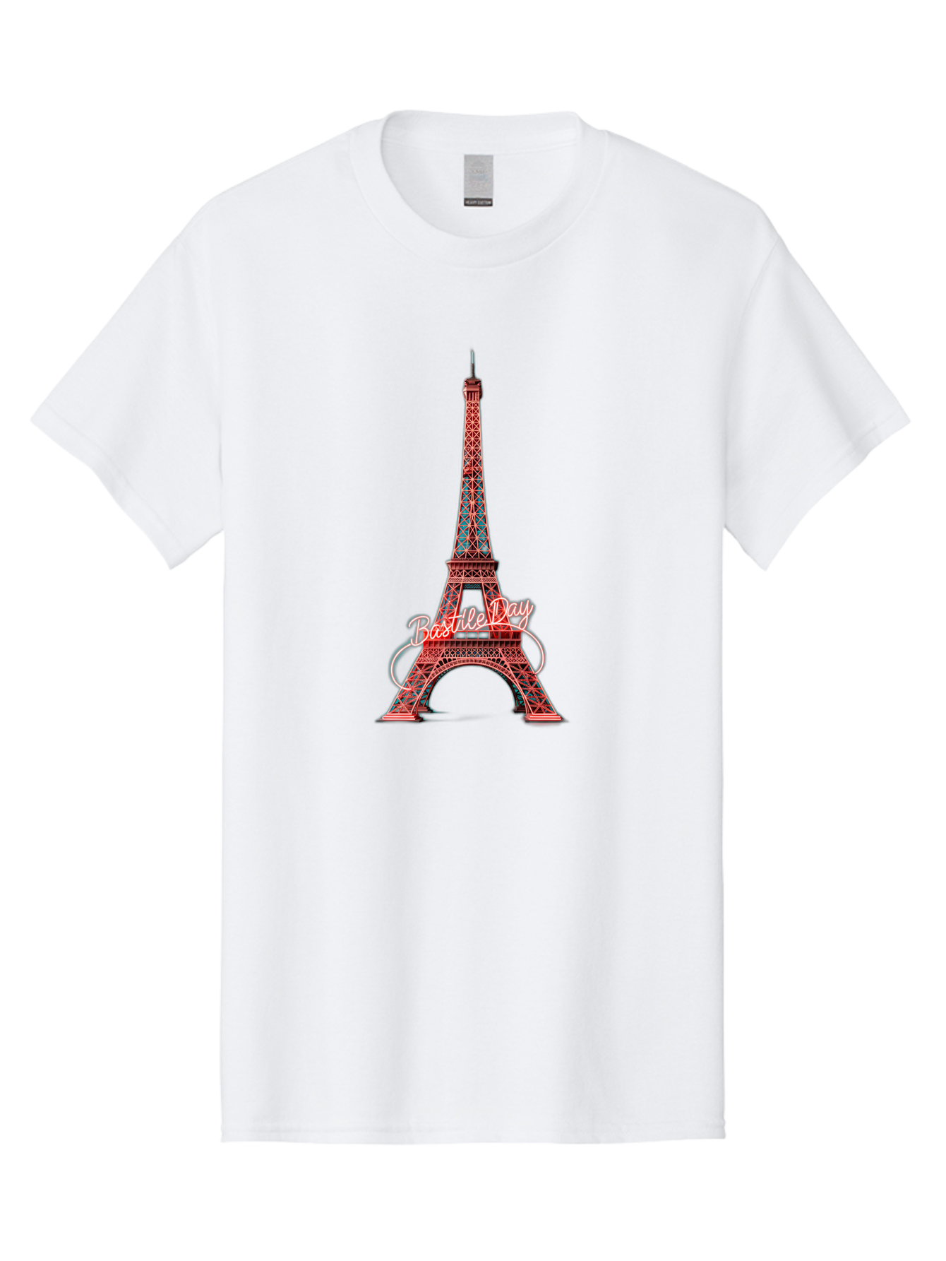 Bastille-Day-Eiffel-Tower Men'S Graphic Tee, 100% Cotton, Comfortable Casual Summer Wear, Machine Washable, Eiffel Tower, Red And Blue Lattice Design, Bastille Day, French Culture, Pink Cursive Text, White Swirls, Vibrant Colors, Bac619