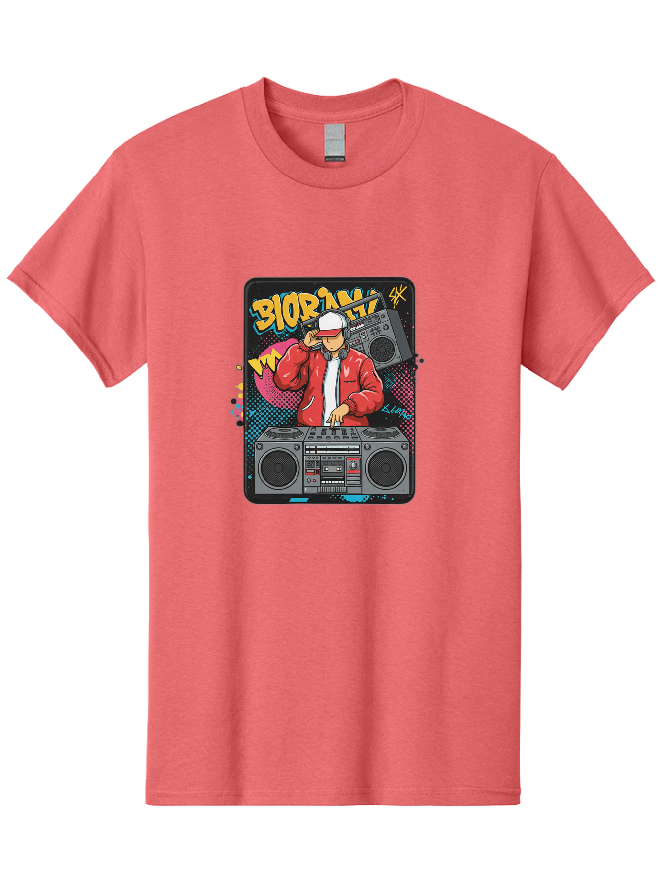 Biorpm Men'S Graphic Tee, 100% Cotton, Comfortable Casual Summer Wear, Machine Washable, Dj Mixing Music, Boombox, Red Jacket, White Hat, Hip Hop Style, Graffiti Art, Urban Culture, Streetwear Fashion, Music Producer, Electronic Dance Music Bac621