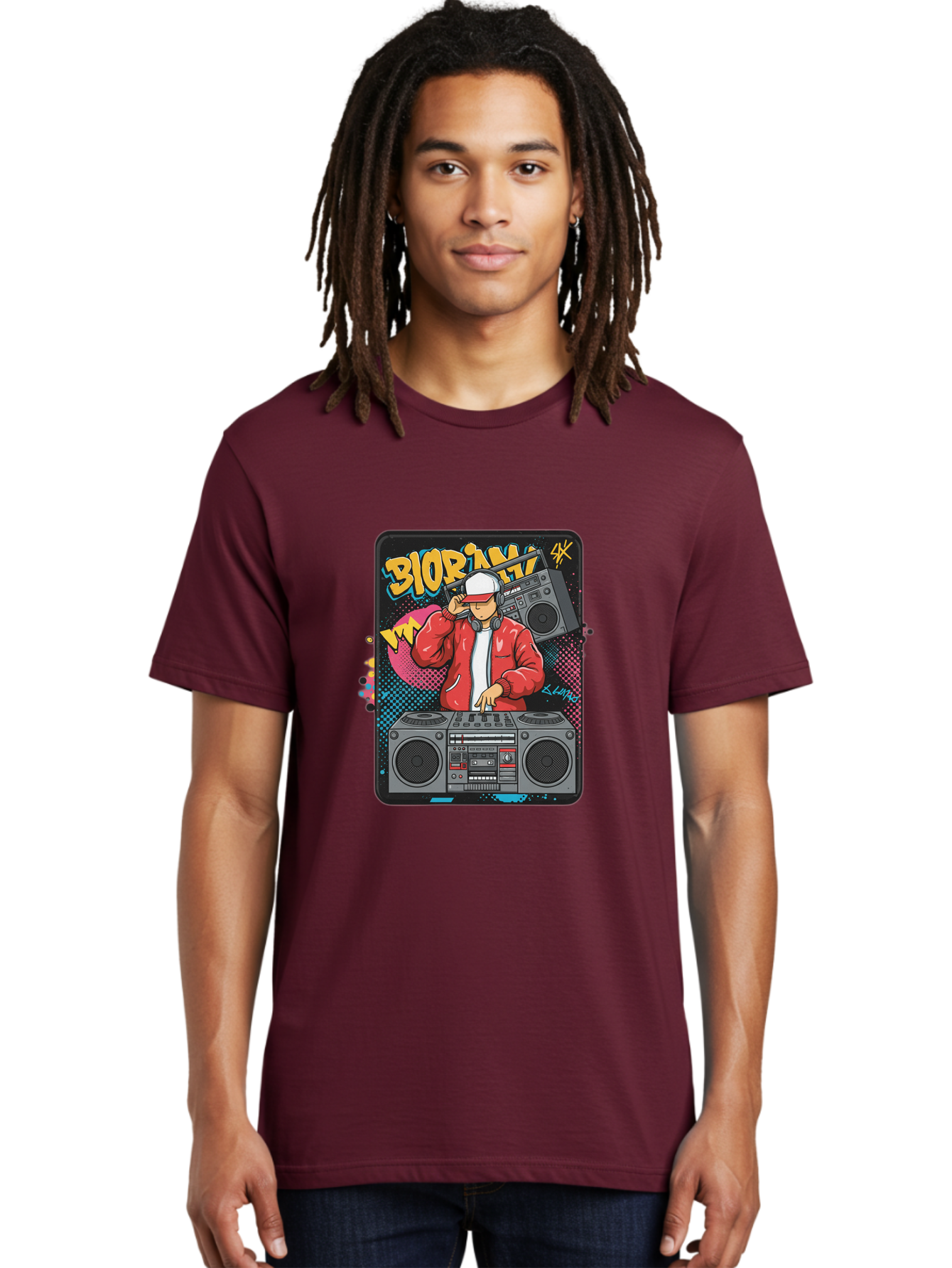Biorpm Men'S Graphic Tee, 100% Cotton, Comfortable Casual Summer Wear, Machine Washable, Dj Mixing Music, Boombox, Red Jacket, White Hat, Hip Hop Style, Graffiti Art, Urban Culture, Streetwear Fashion, Music Producer, Electronic Dance Music Bac621