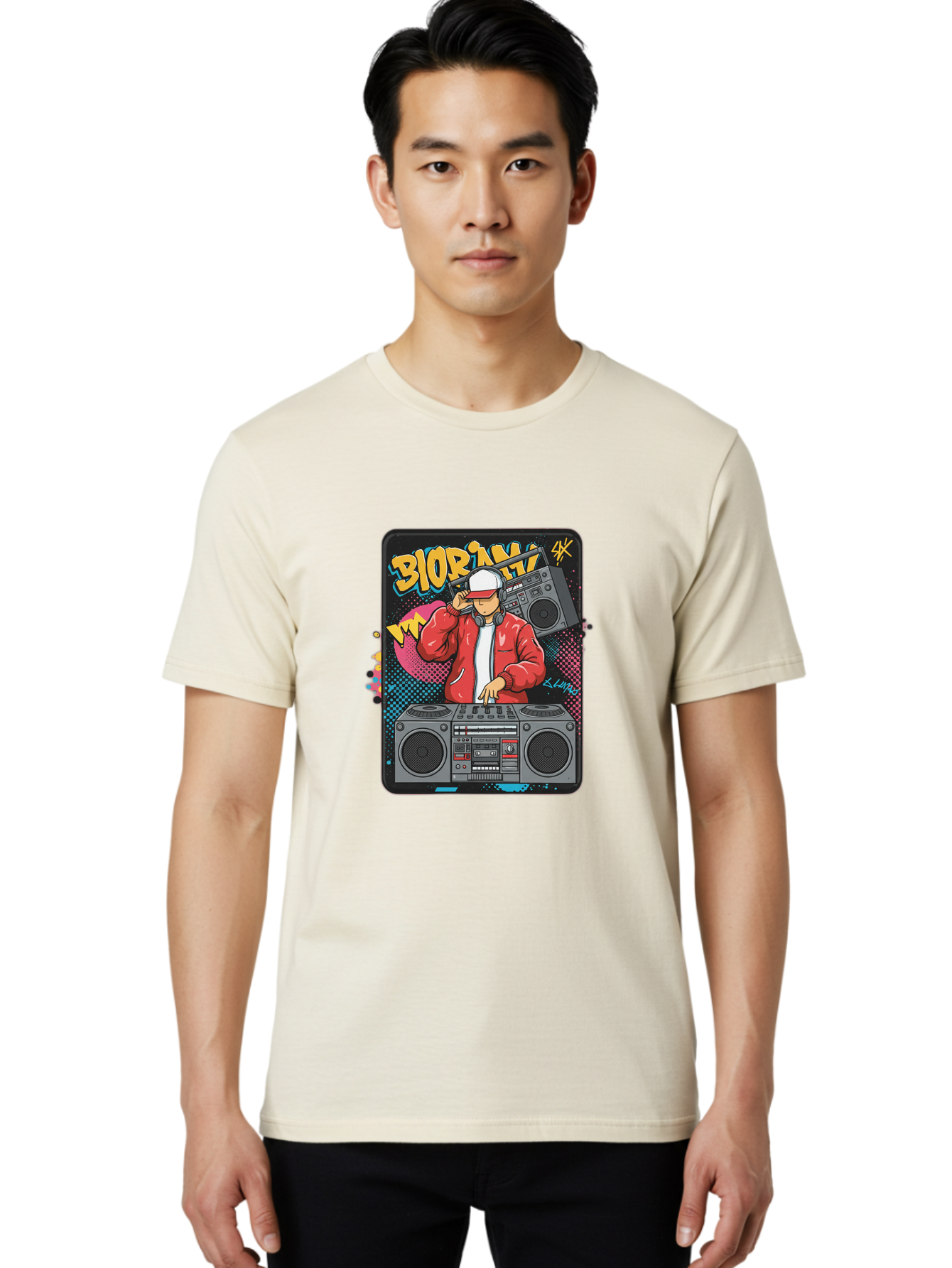 Biorpm Men'S Graphic Tee, 100% Cotton, Comfortable Casual Summer Wear, Machine Washable, Dj Mixing Music, Boombox, Red Jacket, White Hat, Hip Hop Style, Graffiti Art, Urban Culture, Streetwear Fashion, Music Producer, Electronic Dance Music Bac621