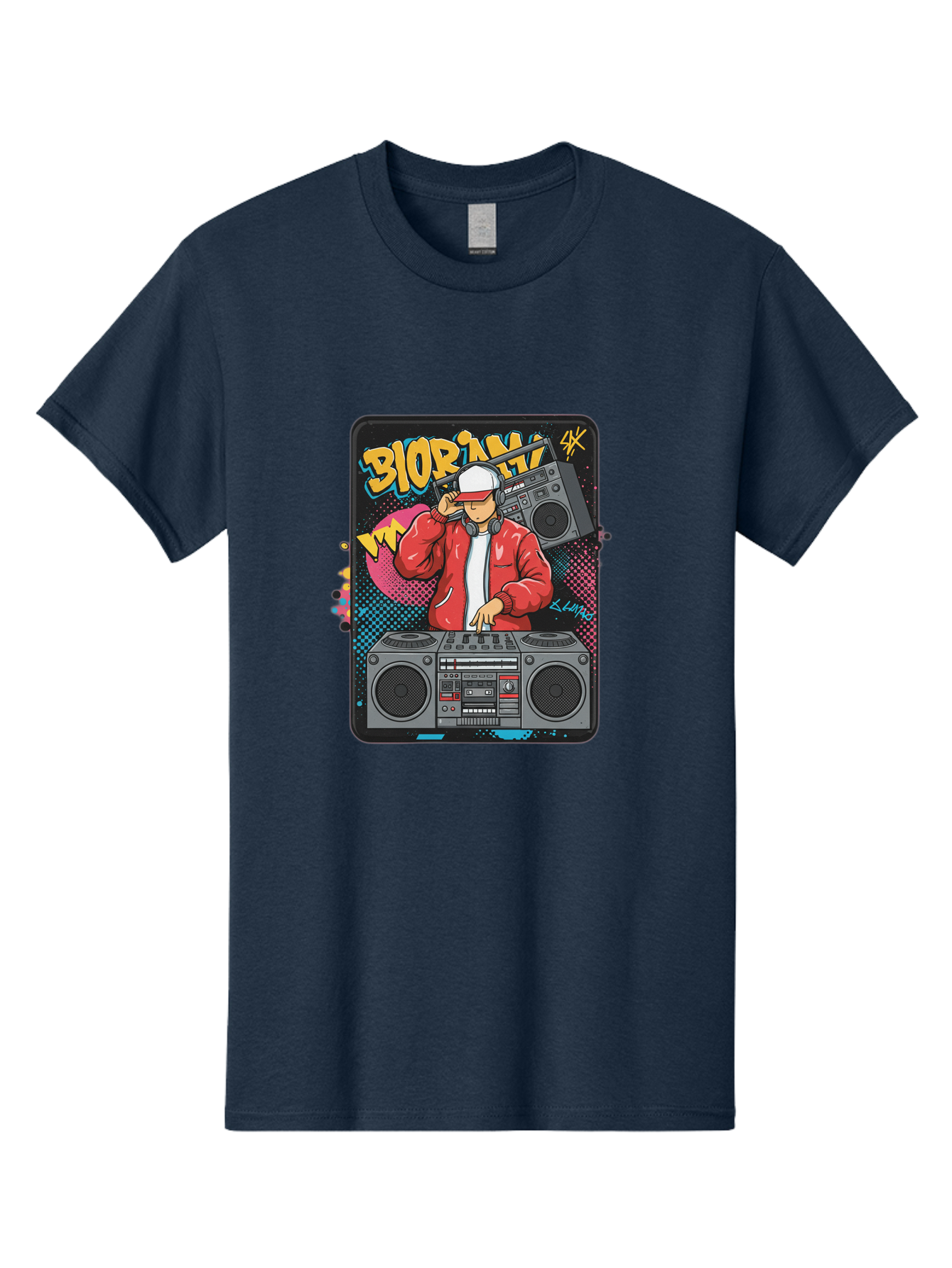 Biorpm Men'S Graphic Tee, 100% Cotton, Comfortable Casual Summer Wear, Machine Washable, Dj Mixing Music, Boombox, Red Jacket, White Hat, Hip Hop Style, Graffiti Art, Urban Culture, Streetwear Fashion, Music Producer, Electronic Dance Music Bac621