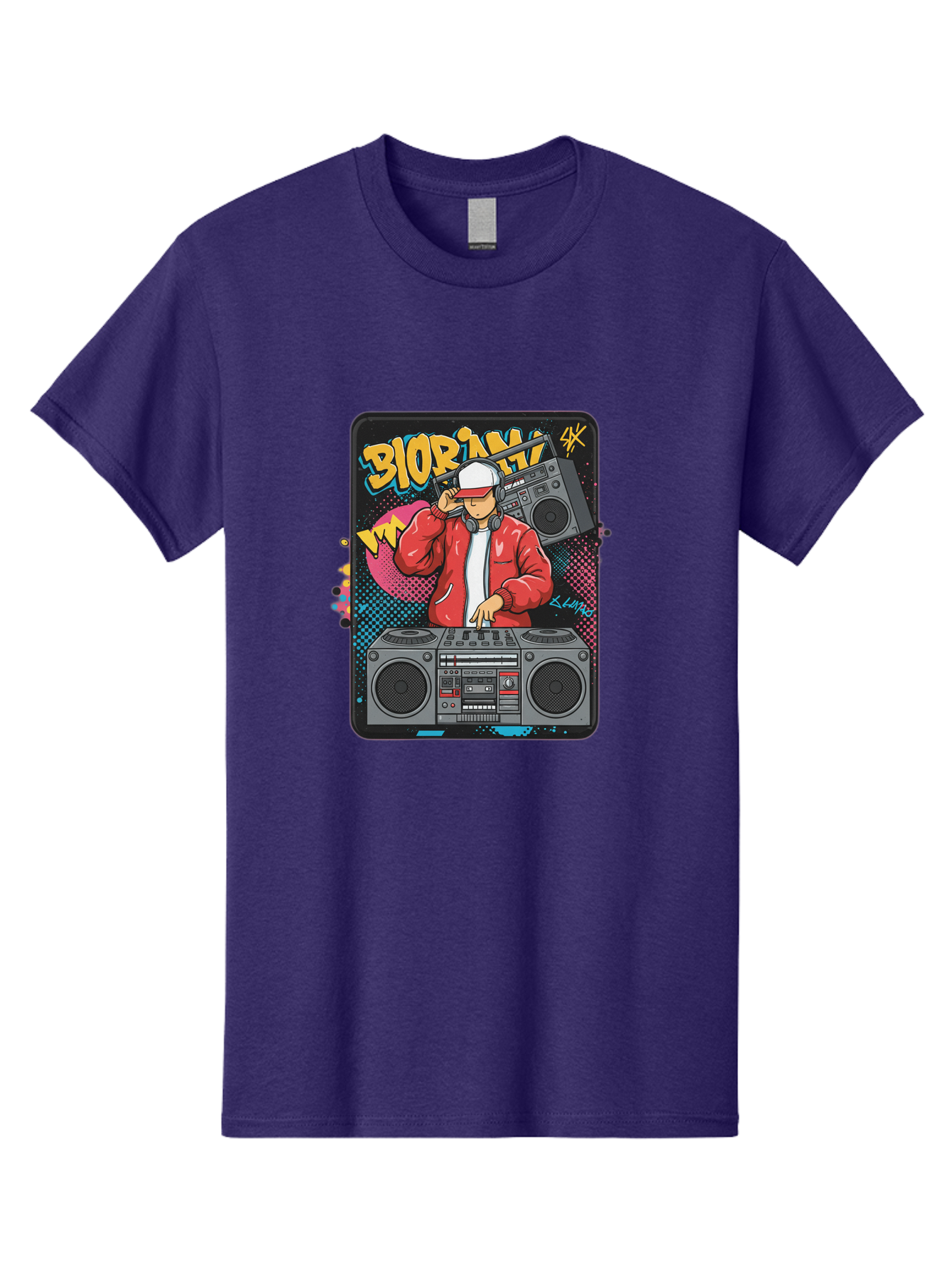 Biorpm Men'S Graphic Tee, 100% Cotton, Comfortable Casual Summer Wear, Machine Washable, Dj Mixing Music, Boombox, Red Jacket, White Hat, Hip Hop Style, Graffiti Art, Urban Culture, Streetwear Fashion, Music Producer, Electronic Dance Music Bac621
