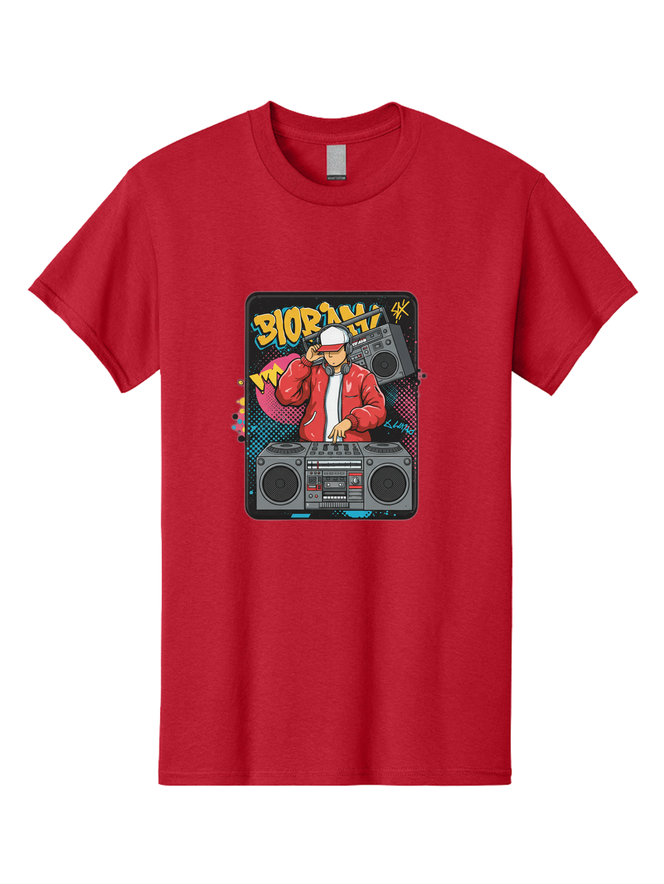 Biorpm Men'S Graphic Tee, 100% Cotton, Comfortable Casual Summer Wear, Machine Washable, Dj Mixing Music, Boombox, Red Jacket, White Hat, Hip Hop Style, Graffiti Art, Urban Culture, Streetwear Fashion, Music Producer, Electronic Dance Music Bac621