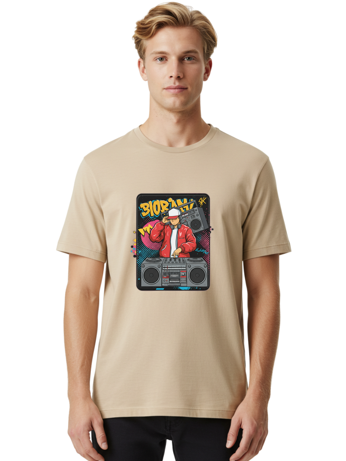 Biorpm Men'S Graphic Tee, 100% Cotton, Comfortable Casual Summer Wear, Machine Washable, Dj Mixing Music, Boombox, Red Jacket, White Hat, Hip Hop Style, Graffiti Art, Urban Culture, Streetwear Fashion, Music Producer, Electronic Dance Music Bac621