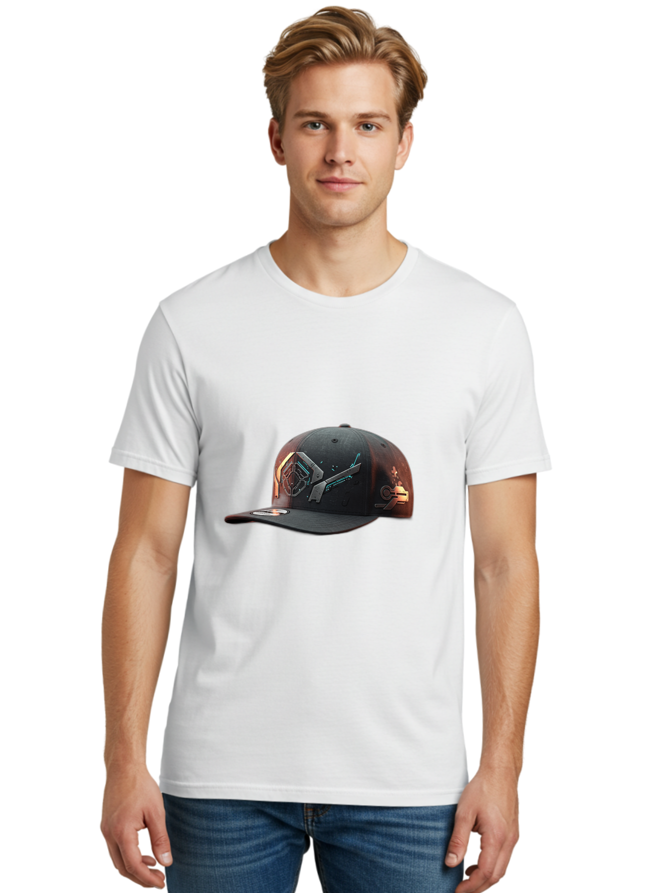 Black-Baseball-Cap Men'S Graphic Tee, 100% Cotton, Comfortable Casual Summer Wear, Machine Washable, Futuristic Baseball Cap, Cyberpunk Design, Neon Lights, High-Tech, Avant-Garde Fashion, Streetwear, Modern Accessories, Bold Graphics, Bac623