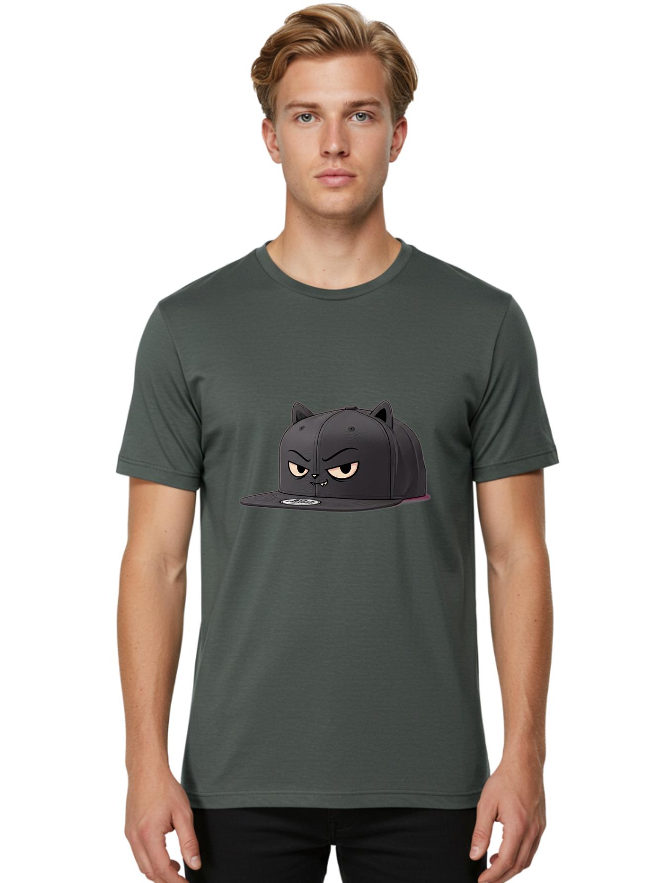 Black-Cat-Cap Men'S Graphic Tee, 100% Cotton, Comfortable Casual Summer Wear, Machine Washable, Black Baseball Cap, Cartoon Cat Face, Angry Expression, Feline Features, Black Hat, Grumpy Cat, Cat Ears, Trendy Accessory, Streetwear Fashion Bac624