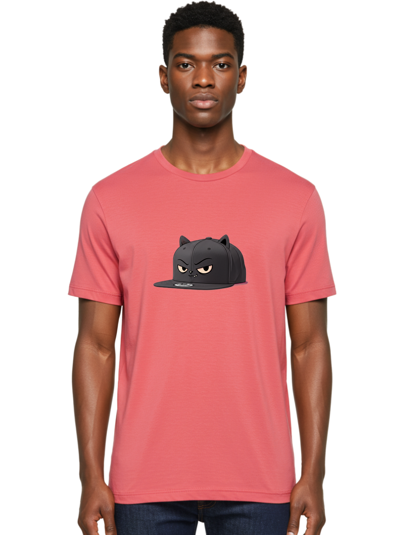 Black-Cat-Cap Men'S Graphic Tee, 100% Cotton, Comfortable Casual Summer Wear, Machine Washable, Black Baseball Cap, Cartoon Cat Face, Angry Expression, Feline Features, Black Hat, Grumpy Cat, Cat Ears, Trendy Accessory, Streetwear Fashion Bac624