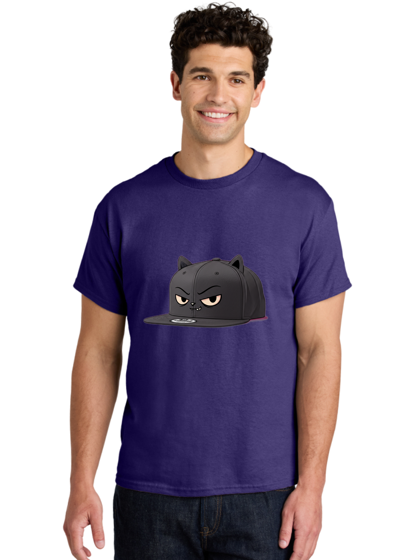 Black-Cat-Cap Men'S Graphic Tee, 100% Cotton, Comfortable Casual Summer Wear, Machine Washable, Black Baseball Cap, Cartoon Cat Face, Angry Expression, Feline Features, Black Hat, Grumpy Cat, Cat Ears, Trendy Accessory, Streetwear Fashion Bac624