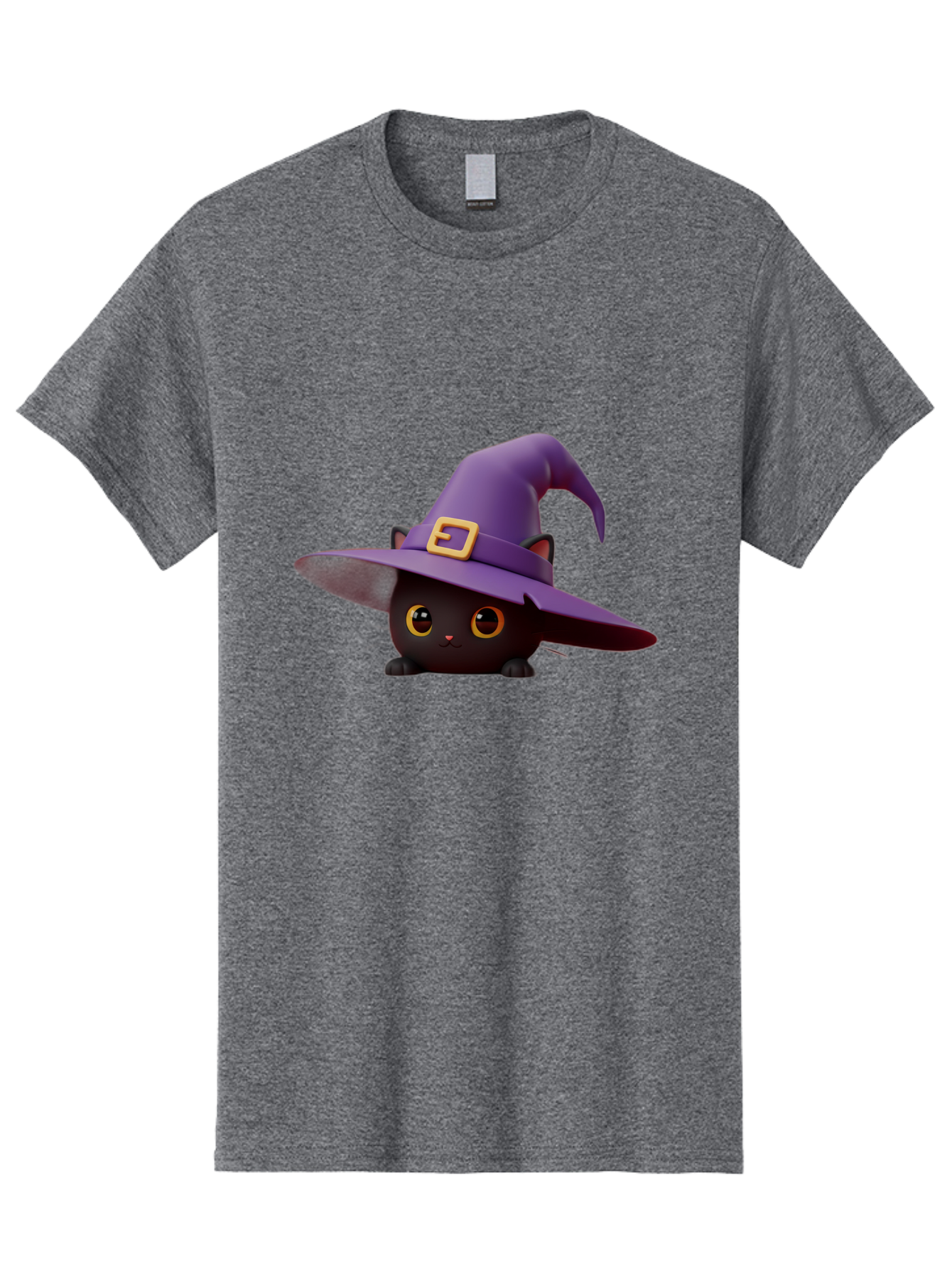 Black-Cat-In-Purple-Witch-Hat Men'S Graphic Tee, 100% Cotton, Comfortable Casual Summer Wear, Machine Washable, Black Cat, Purple Witch Hat, Gold Buckle, Cartoon Style, Whimsical Design, Halloween Theme, Cute Character, Yellow Eyes Bac625
