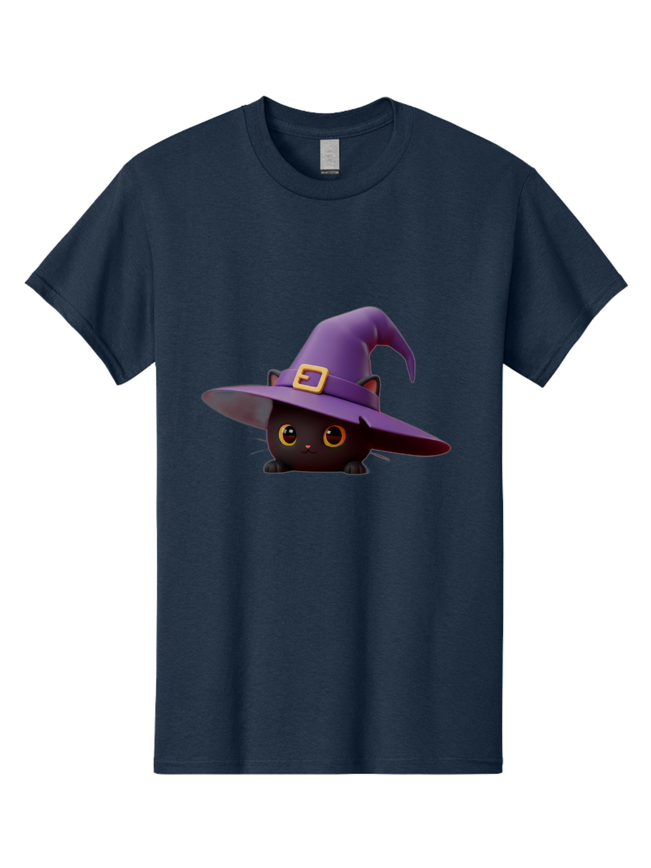 Black-Cat-In-Purple-Witch-Hat Men'S Graphic Tee, 100% Cotton, Comfortable Casual Summer Wear, Machine Washable, Black Cat, Purple Witch Hat, Gold Buckle, Cartoon Style, Whimsical Design, Halloween Theme, Cute Character, Yellow Eyes Bac625