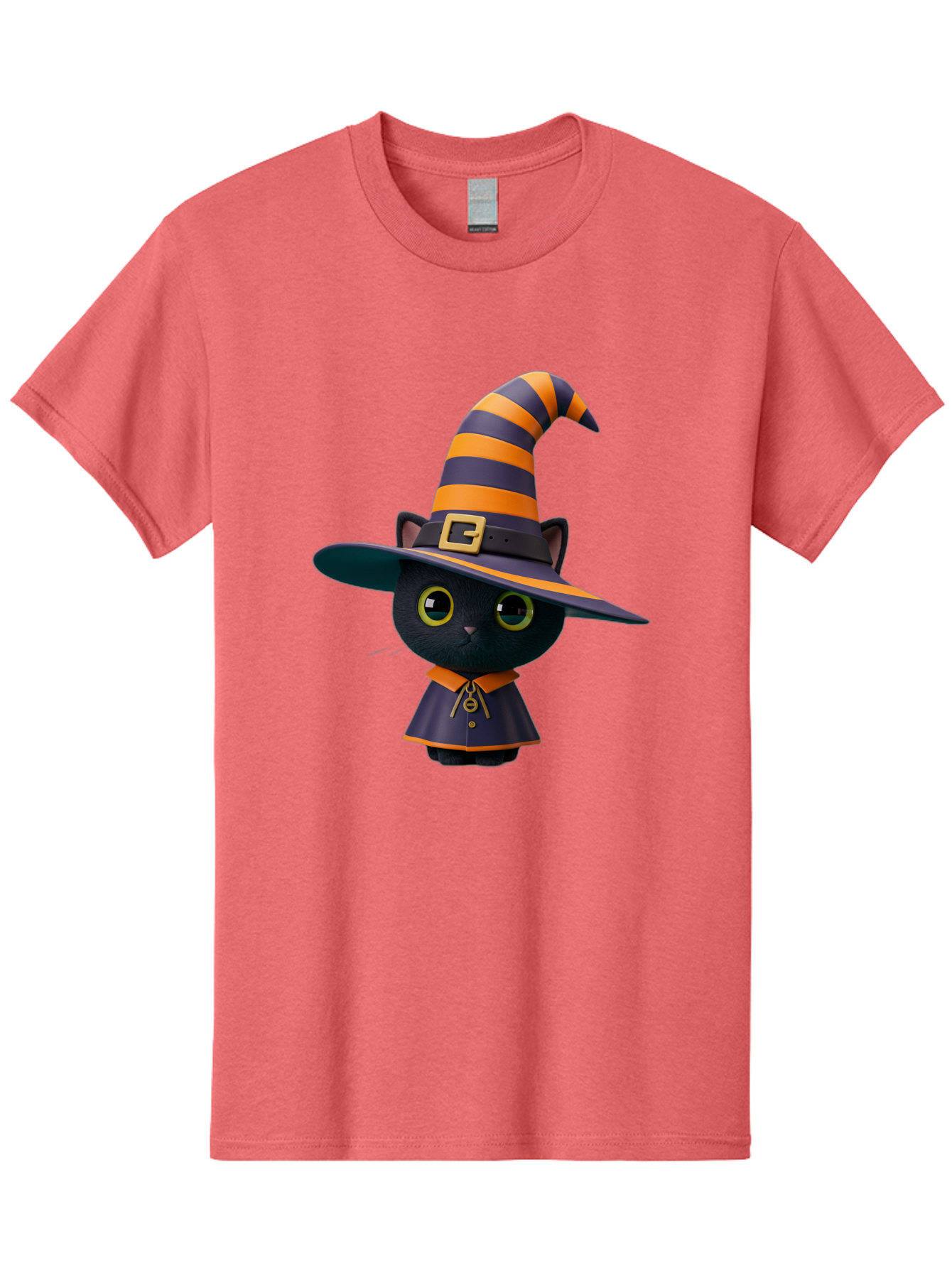 Black-Cat-In-Witch-Hat Men'S Graphic Tee, 100% Cotton, Comfortable Casual Summer Wear, Machine Washable, Black Cat, Witch Costume, Orange And Black Stripes, Cartoon Character, Halloween Theme, Spooky Kitty, Cute Animal, 3D Illustration, Bac626