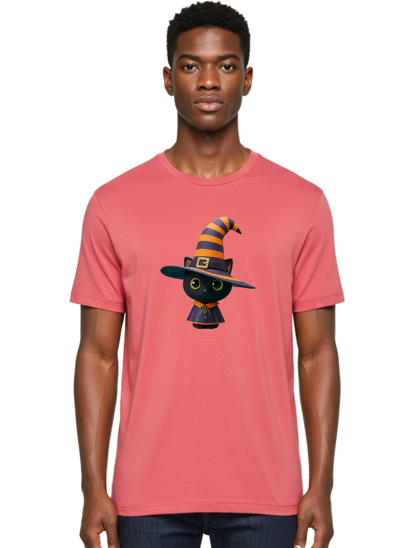 Black-Cat-In-Witch-Hat Men'S Graphic Tee, 100% Cotton, Comfortable Casual Summer Wear, Machine Washable, Black Cat, Witch Costume, Orange And Black Stripes, Cartoon Character, Halloween Theme, Spooky Kitty, Cute Animal, 3D Illustration, Bac626