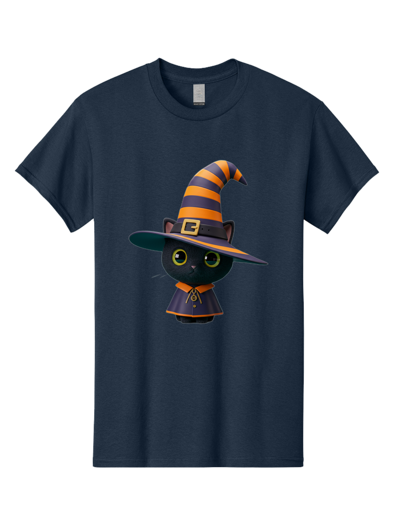 Black-Cat-In-Witch-Hat Men'S Graphic Tee, 100% Cotton, Comfortable Casual Summer Wear, Machine Washable, Black Cat, Witch Costume, Orange And Black Stripes, Cartoon Character, Halloween Theme, Spooky Kitty, Cute Animal, 3D Illustration, Bac626