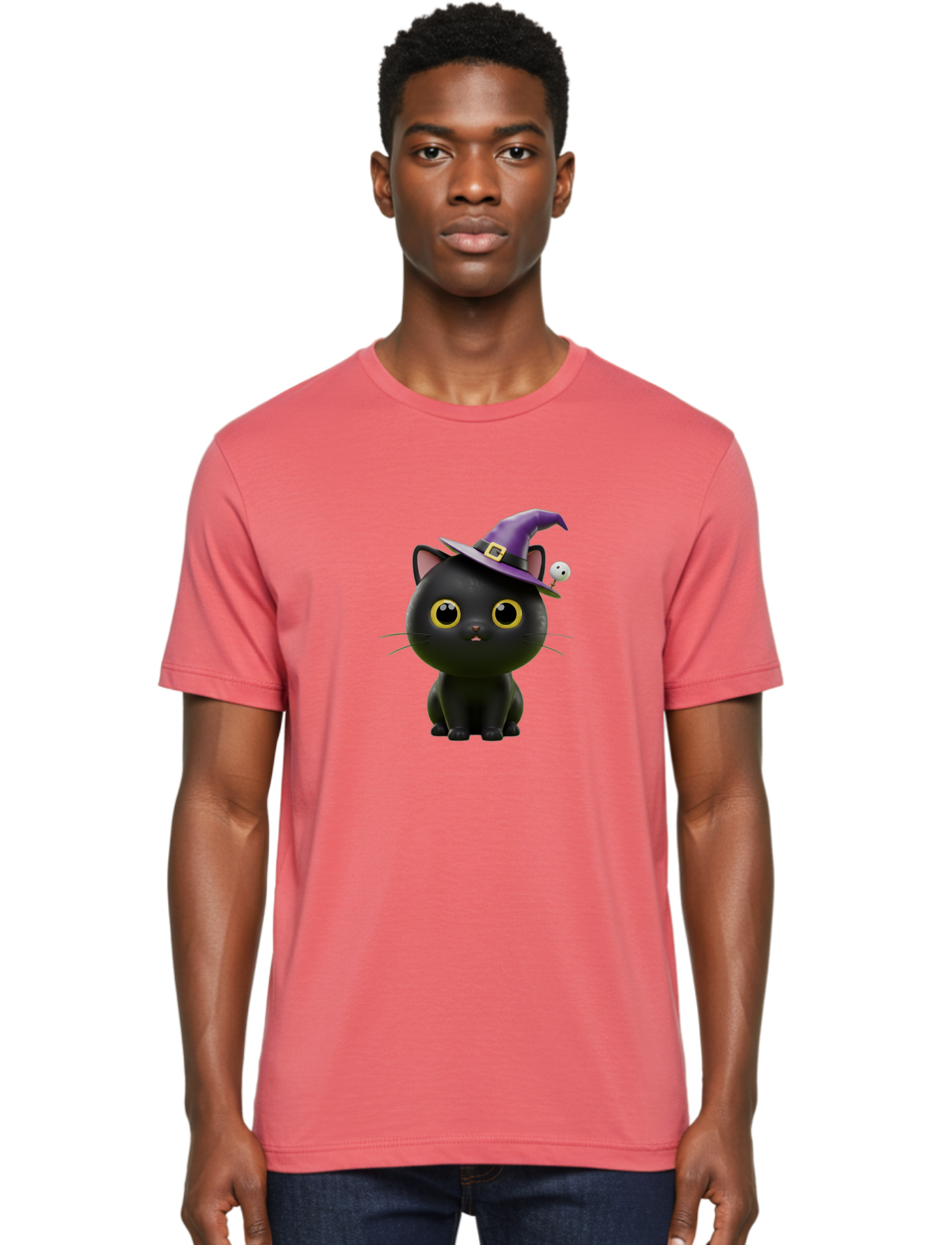 Black-Cat-Witch-1 Men'S Graphic Tee, 100% Cotton, Comfortable Casual Summer Wear, Machine Washable, Black Cat, Purple Witch Hat, Gold Buckle, Spooky Eyes, Cartoon Character, Halloween Theme, Cute Kitty, Witch'S Familiar, Mystical Creature Bac627