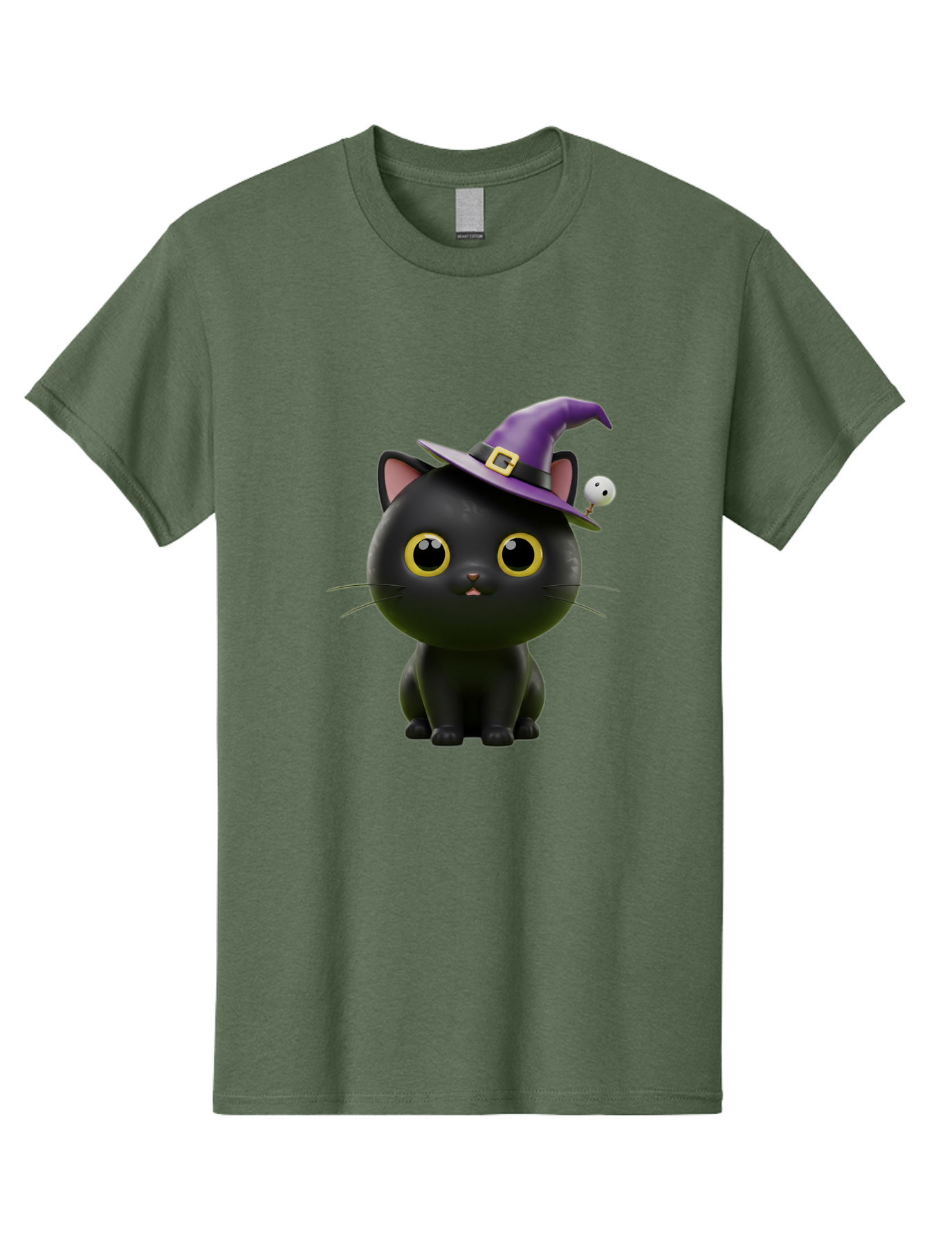 Black-Cat-Witch-1 Men'S Graphic Tee, 100% Cotton, Comfortable Casual Summer Wear, Machine Washable, Black Cat, Purple Witch Hat, Gold Buckle, Spooky Eyes, Cartoon Character, Halloween Theme, Cute Kitty, Witch'S Familiar, Mystical Creature Bac627