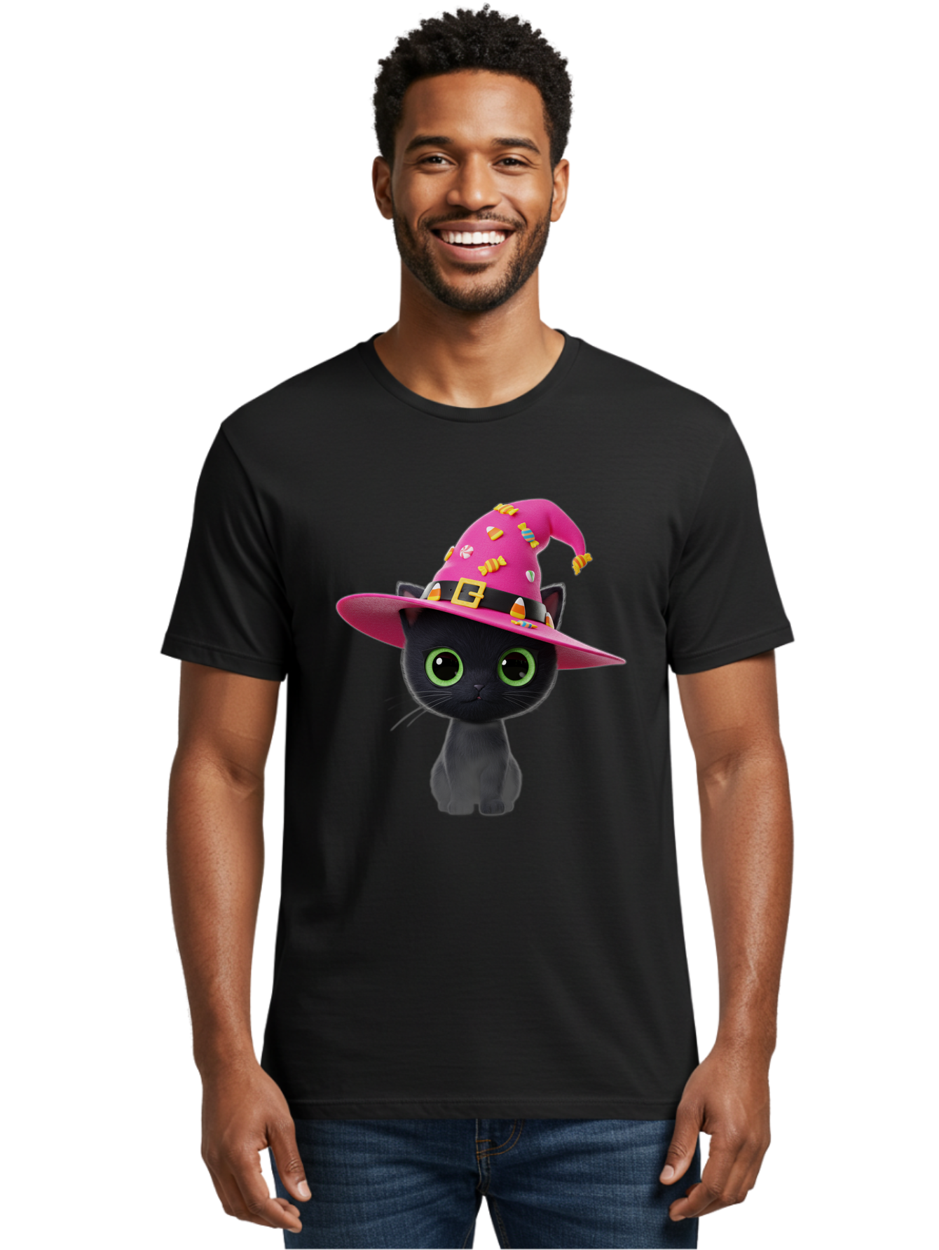 Black-Cat-With-Pink-Witch-Hat Men'S Graphic Tee, 100% Cotton, Comfortable Casual Summer Wear, Machine Washable, Black Cat, Pink Witch Hat, Candy Decorations, Gold Buckle, Green Eyes, Cartoon Style, Whimsical Design, Halloween Theme, Bac630