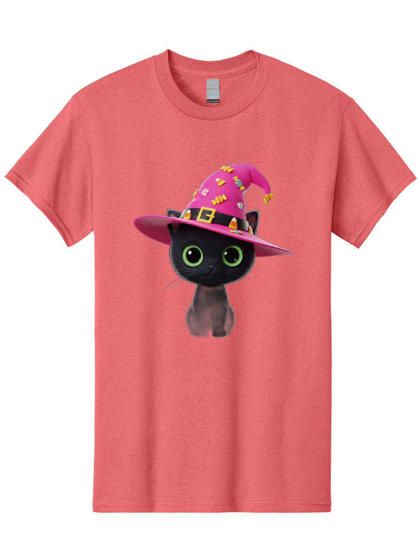 Black-Cat-With-Pink-Witch-Hat Men'S Graphic Tee, 100% Cotton, Comfortable Casual Summer Wear, Machine Washable, Black Cat, Pink Witch Hat, Candy Decorations, Gold Buckle, Green Eyes, Cartoon Style, Whimsical Design, Halloween Theme, Bac630
