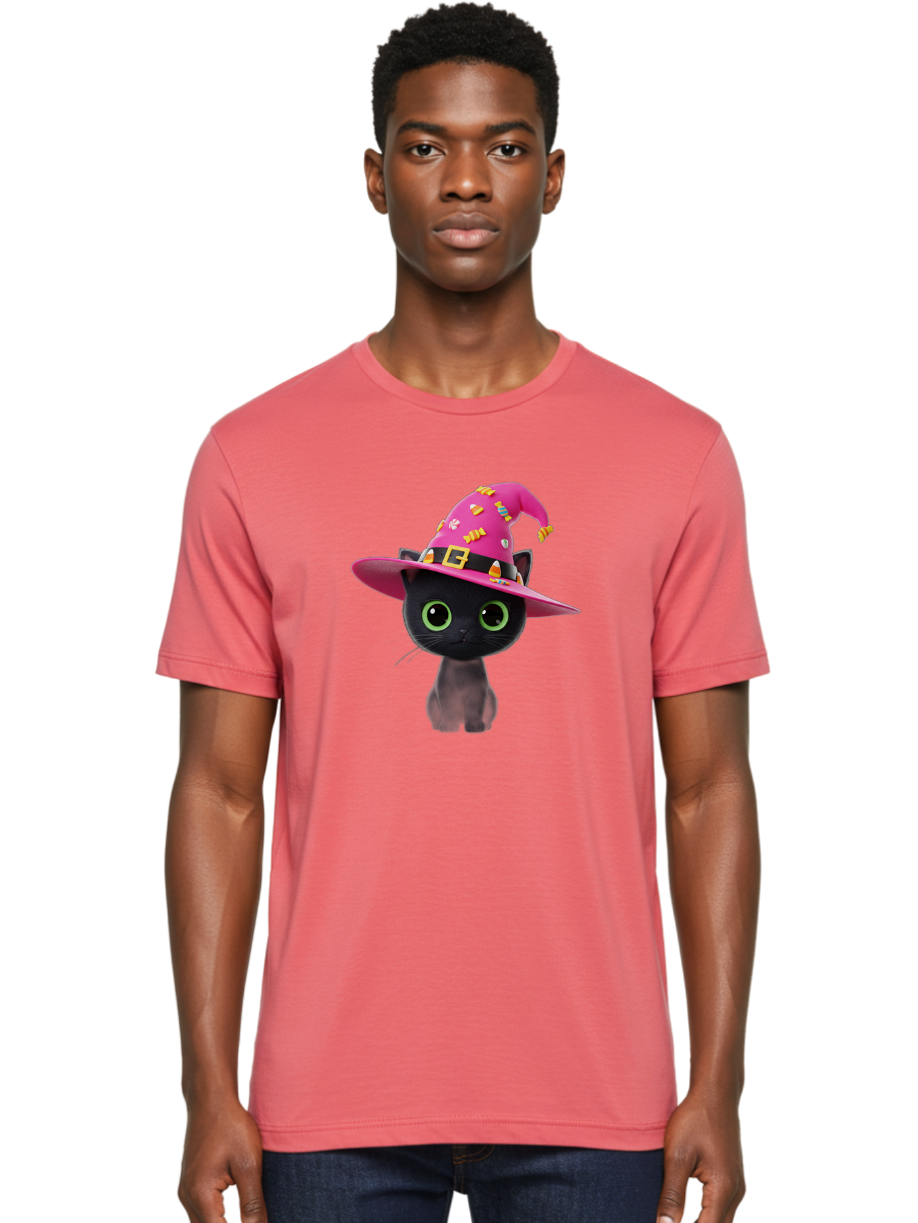 Black-Cat-With-Pink-Witch-Hat Men'S Graphic Tee, 100% Cotton, Comfortable Casual Summer Wear, Machine Washable, Black Cat, Pink Witch Hat, Candy Decorations, Gold Buckle, Green Eyes, Cartoon Style, Whimsical Design, Halloween Theme, Bac630