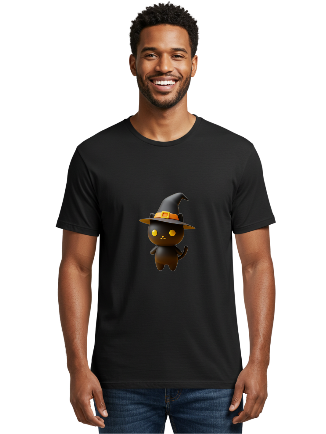 Black-Cat-With-Witch-Hat Men'S Graphic Tee, 100% Cotton, Comfortable Casual Summer Wear, Machine Washable, Black Cat, Witch Hat, Orange Belt, Yellow Buckle, 3D Rendering, Cartoon Character, Halloween Theme, Cute Animal, Whimsical Design, Bac631