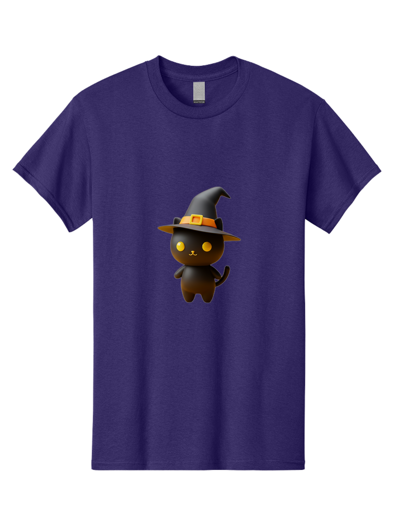 Black-Cat-With-Witch-Hat Men'S Graphic Tee, 100% Cotton, Comfortable Casual Summer Wear, Machine Washable, Black Cat, Witch Hat, Orange Belt, Yellow Buckle, 3D Rendering, Cartoon Character, Halloween Theme, Cute Animal, Whimsical Design, Bac631