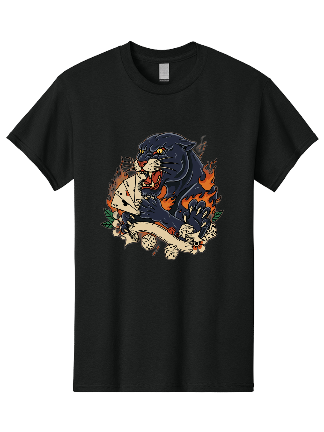 Black-Panther-Card-Tattoo Men'S Graphic Tee, 100% Cotton, Comfortable Casual Summer Wear, Machine Washable, Black Panther, Playing Cards, Dice, Banner, Flames, Aggressive Posture, Tattoo Design, Casino Theme, Gambling, Fierce Animal, Bac633