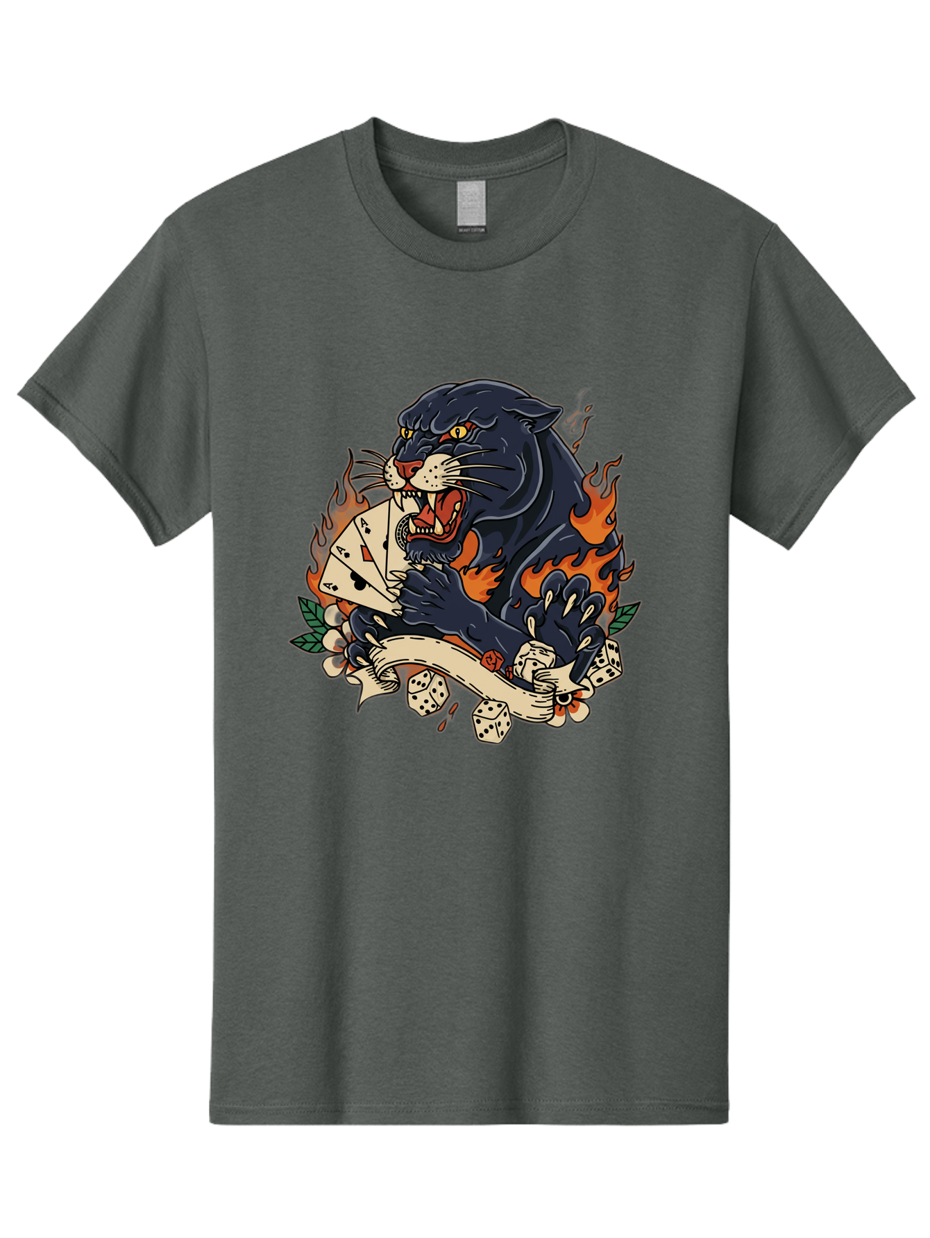 Black-Panther-Card-Tattoo Men'S Graphic Tee, 100% Cotton, Comfortable Casual Summer Wear, Machine Washable, Black Panther, Playing Cards, Dice, Banner, Flames, Aggressive Posture, Tattoo Design, Casino Theme, Gambling, Fierce Animal, Bac633