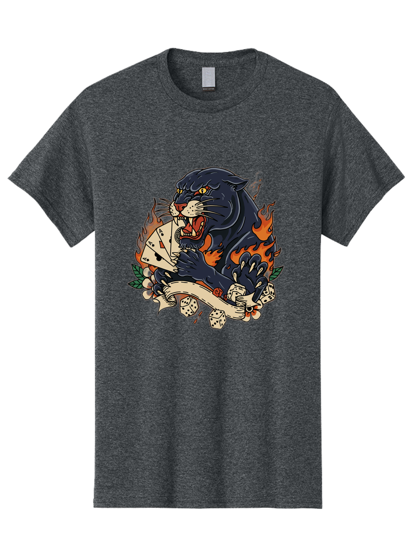 Black-Panther-Card-Tattoo Men'S Graphic Tee, 100% Cotton, Comfortable Casual Summer Wear, Machine Washable, Black Panther, Playing Cards, Dice, Banner, Flames, Aggressive Posture, Tattoo Design, Casino Theme, Gambling, Fierce Animal, Bac633