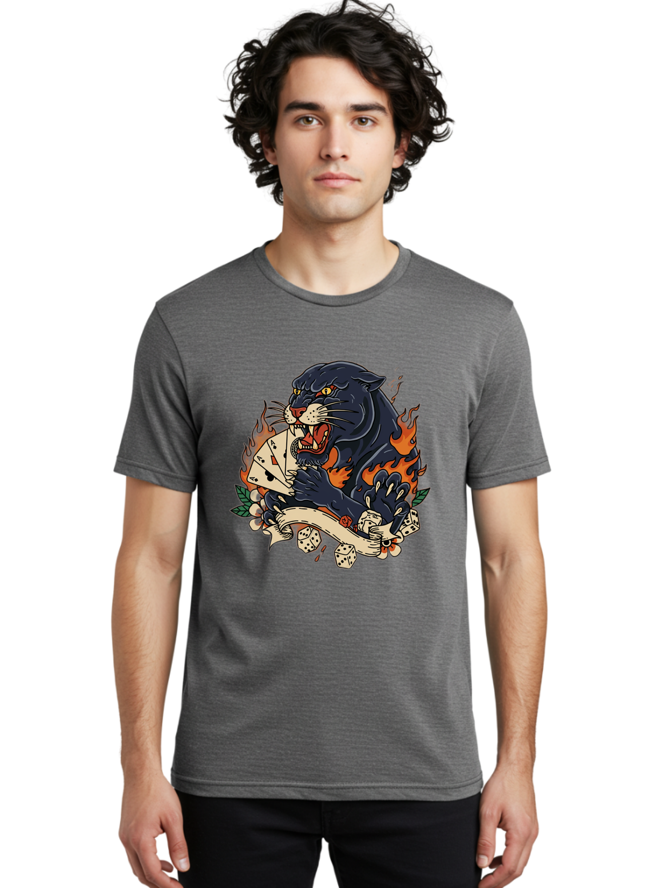 Black-Panther-Card-Tattoo Men'S Graphic Tee, 100% Cotton, Comfortable Casual Summer Wear, Machine Washable, Black Panther, Playing Cards, Dice, Banner, Flames, Aggressive Posture, Tattoo Design, Casino Theme, Gambling, Fierce Animal, Bac633