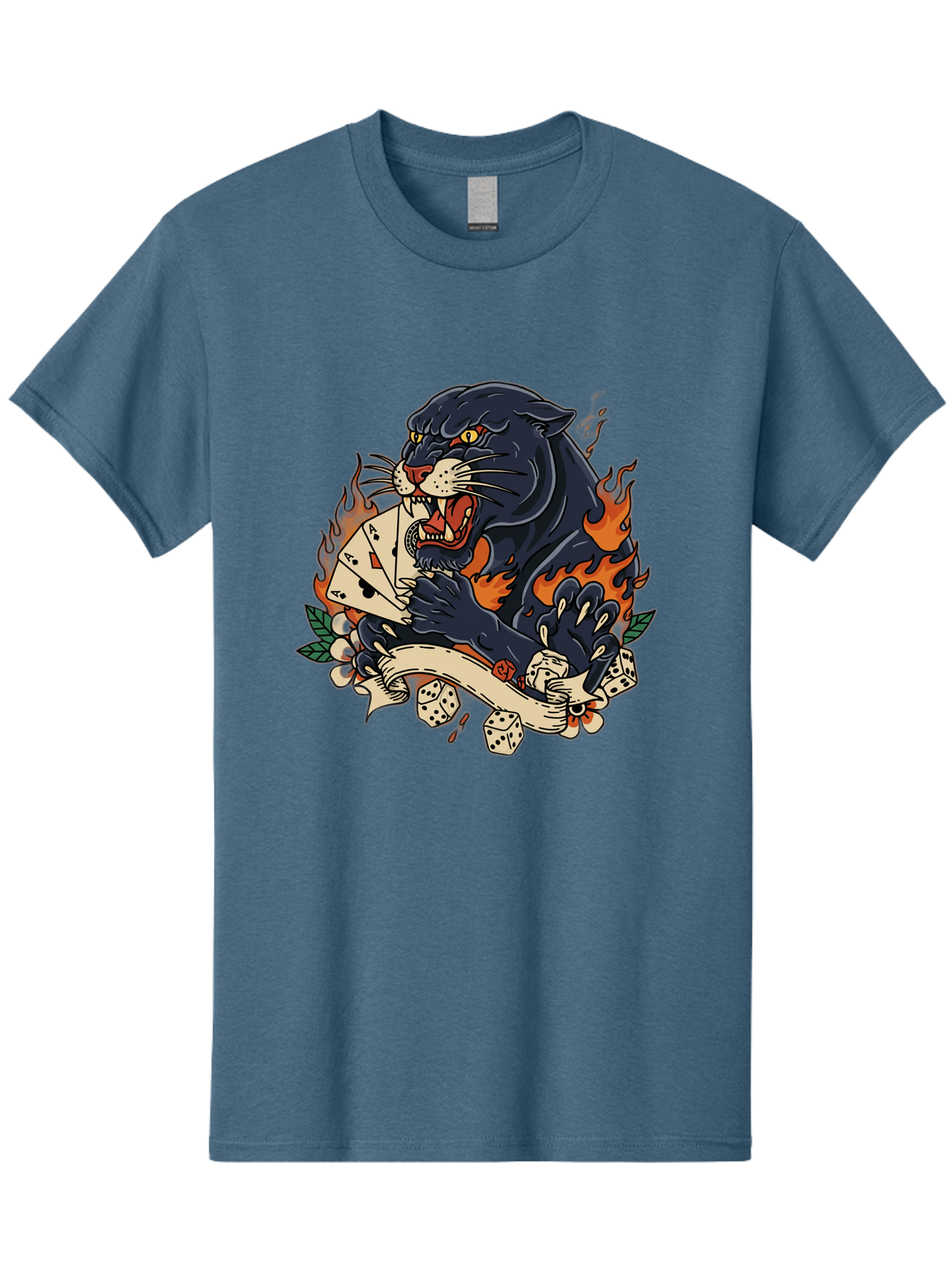 Black-Panther-Card-Tattoo Men'S Graphic Tee, 100% Cotton, Comfortable Casual Summer Wear, Machine Washable, Black Panther, Playing Cards, Dice, Banner, Flames, Aggressive Posture, Tattoo Design, Casino Theme, Gambling, Fierce Animal, Bac633
