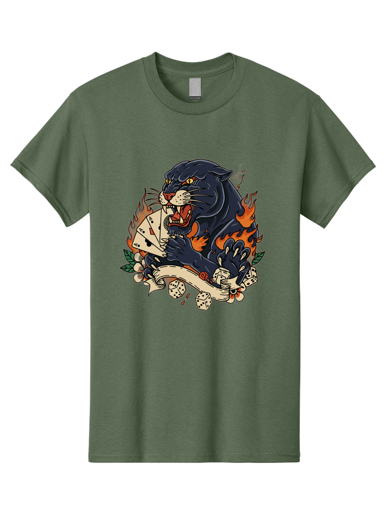 Black-Panther-Card-Tattoo Men'S Graphic Tee, 100% Cotton, Comfortable Casual Summer Wear, Machine Washable, Black Panther, Playing Cards, Dice, Banner, Flames, Aggressive Posture, Tattoo Design, Casino Theme, Gambling, Fierce Animal, Bac633