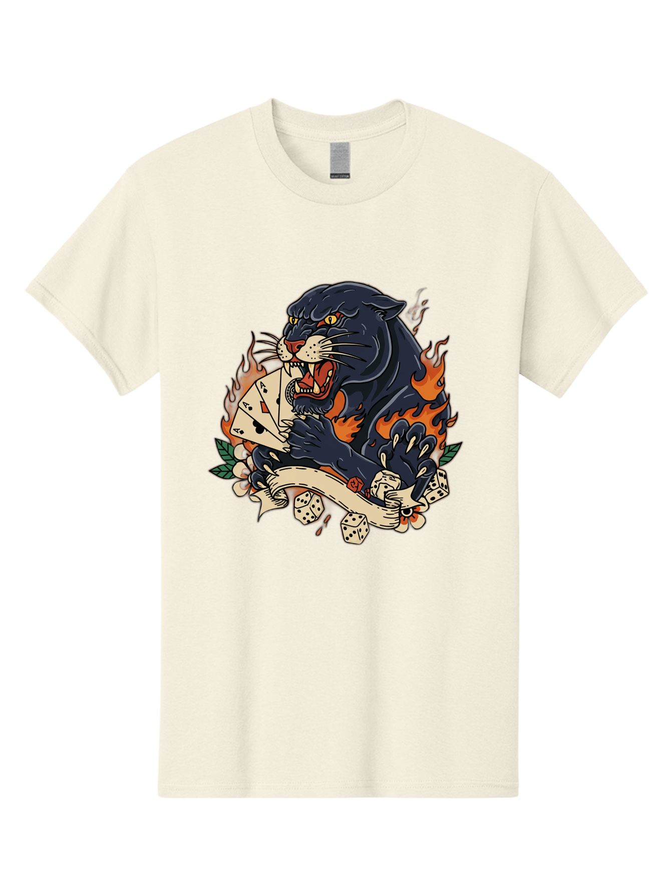 Black-Panther-Card-Tattoo Men'S Graphic Tee, 100% Cotton, Comfortable Casual Summer Wear, Machine Washable, Black Panther, Playing Cards, Dice, Banner, Flames, Aggressive Posture, Tattoo Design, Casino Theme, Gambling, Fierce Animal, Bac633