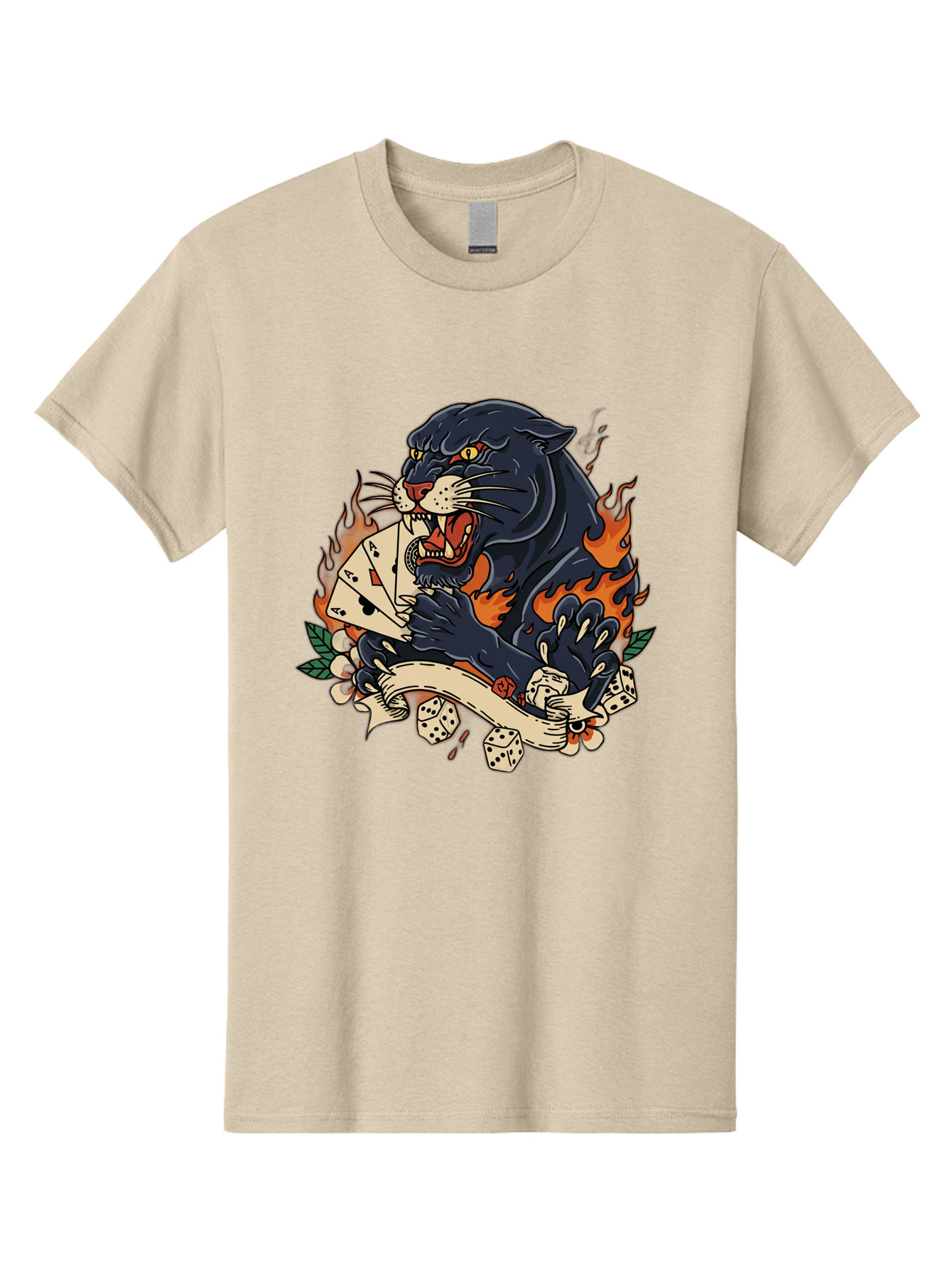 Black-Panther-Card-Tattoo Men'S Graphic Tee, 100% Cotton, Comfortable Casual Summer Wear, Machine Washable, Black Panther, Playing Cards, Dice, Banner, Flames, Aggressive Posture, Tattoo Design, Casino Theme, Gambling, Fierce Animal, Bac633