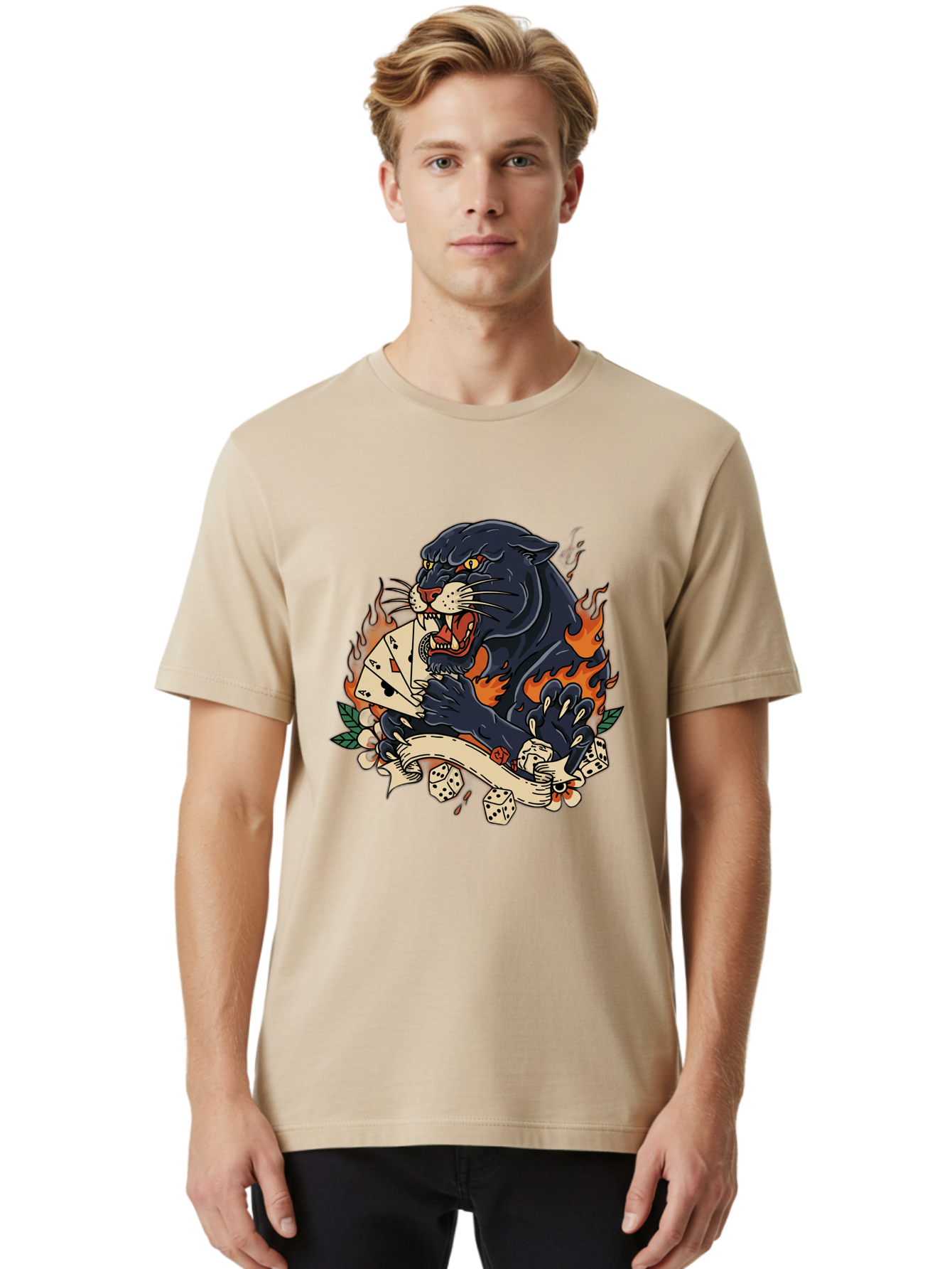 Black-Panther-Card-Tattoo Men'S Graphic Tee, 100% Cotton, Comfortable Casual Summer Wear, Machine Washable, Black Panther, Playing Cards, Dice, Banner, Flames, Aggressive Posture, Tattoo Design, Casino Theme, Gambling, Fierce Animal, Bac633