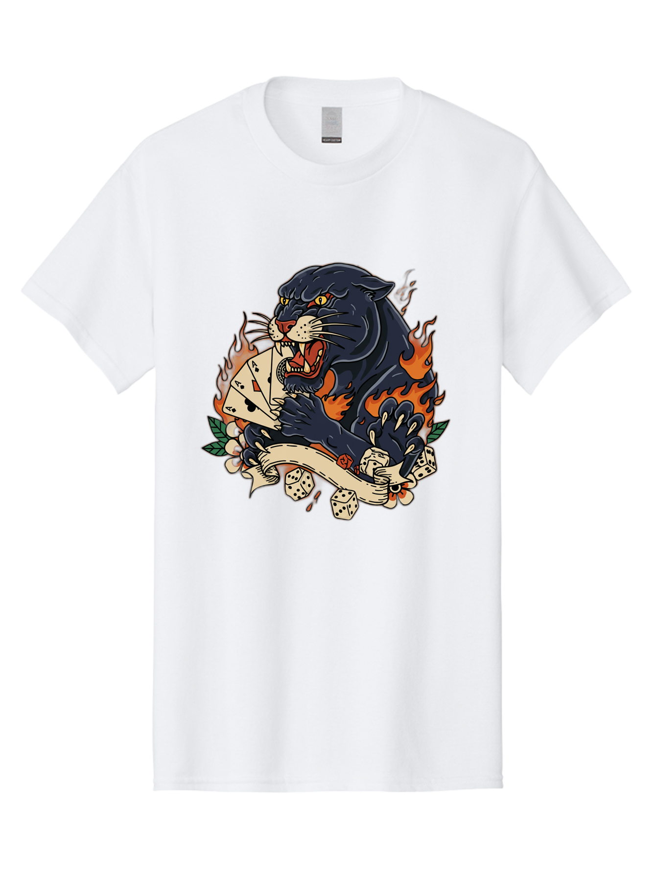 Black-Panther-Card-Tattoo Men'S Graphic Tee, 100% Cotton, Comfortable Casual Summer Wear, Machine Washable, Black Panther, Playing Cards, Dice, Banner, Flames, Aggressive Posture, Tattoo Design, Casino Theme, Gambling, Fierce Animal, Bac633