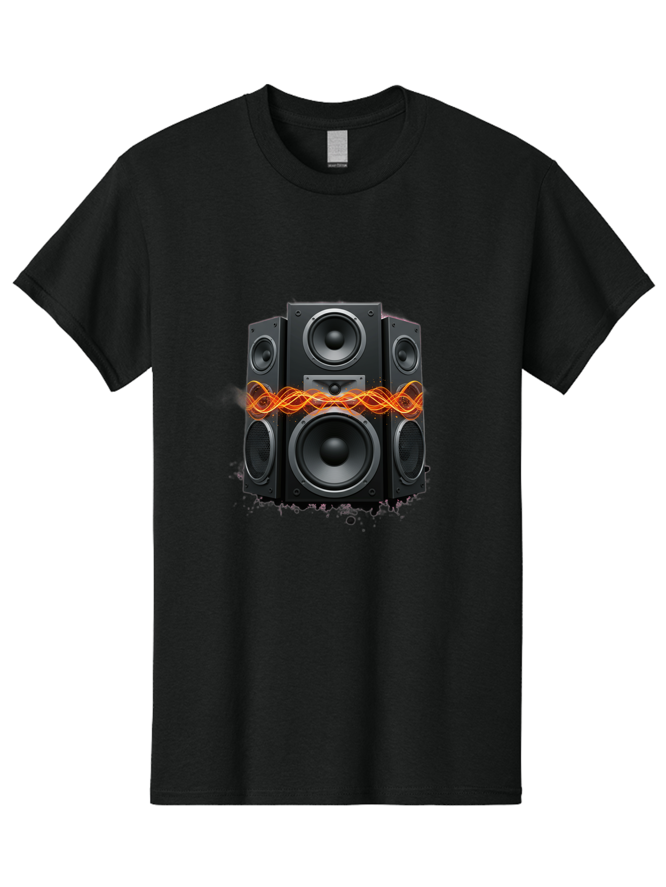 Black-Speakers Men'S Graphic Tee, 100% Cotton, Comfortable Casual Summer Wear, Machine Washable, Sound Wave, Speaker System, Audio Equipment, Music Technology, Sound Vibration, Orange Wave, Black Speakers, Music Sound Bac634
