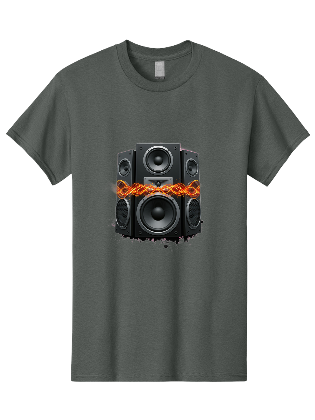 Black-Speakers Men'S Graphic Tee, 100% Cotton, Comfortable Casual Summer Wear, Machine Washable, Sound Wave, Speaker System, Audio Equipment, Music Technology, Sound Vibration, Orange Wave, Black Speakers, Music Sound Bac634