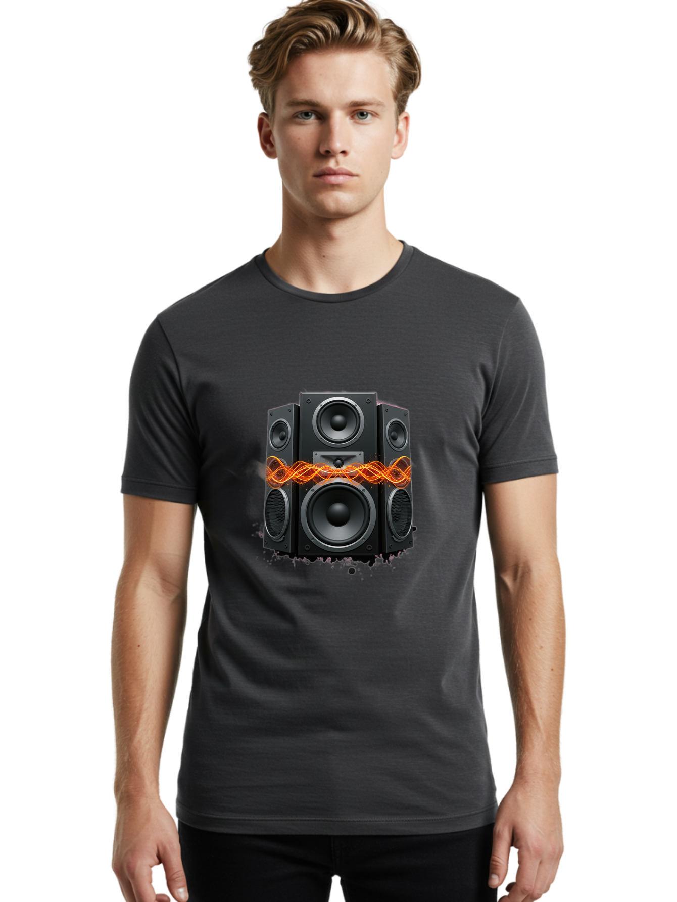 Black-Speakers Men'S Graphic Tee, 100% Cotton, Comfortable Casual Summer Wear, Machine Washable, Sound Wave, Speaker System, Audio Equipment, Music Technology, Sound Vibration, Orange Wave, Black Speakers, Music Sound Bac634