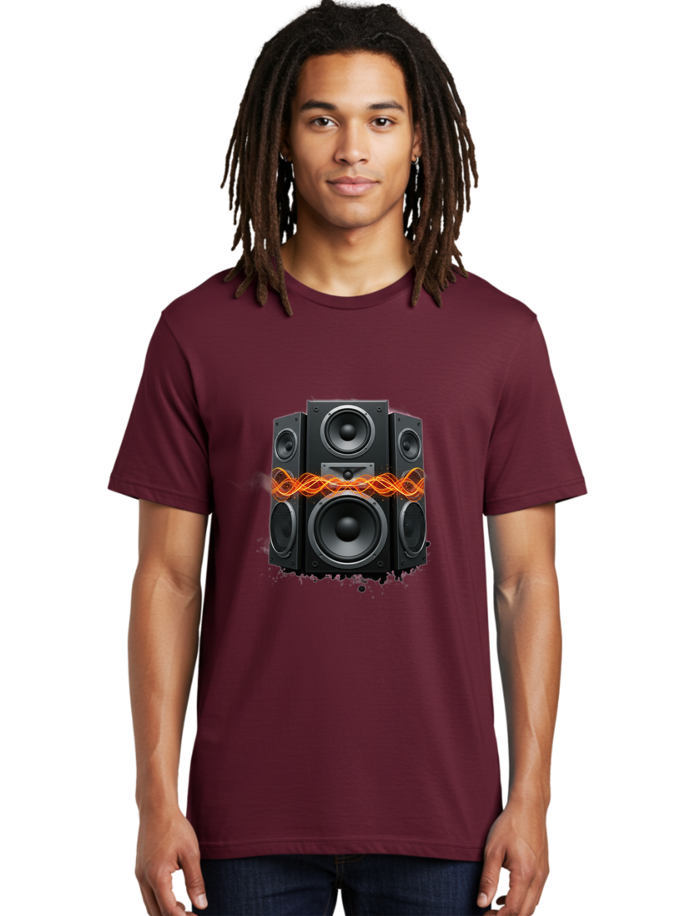 Black-Speakers Men'S Graphic Tee, 100% Cotton, Comfortable Casual Summer Wear, Machine Washable, Sound Wave, Speaker System, Audio Equipment, Music Technology, Sound Vibration, Orange Wave, Black Speakers, Music Sound Bac634