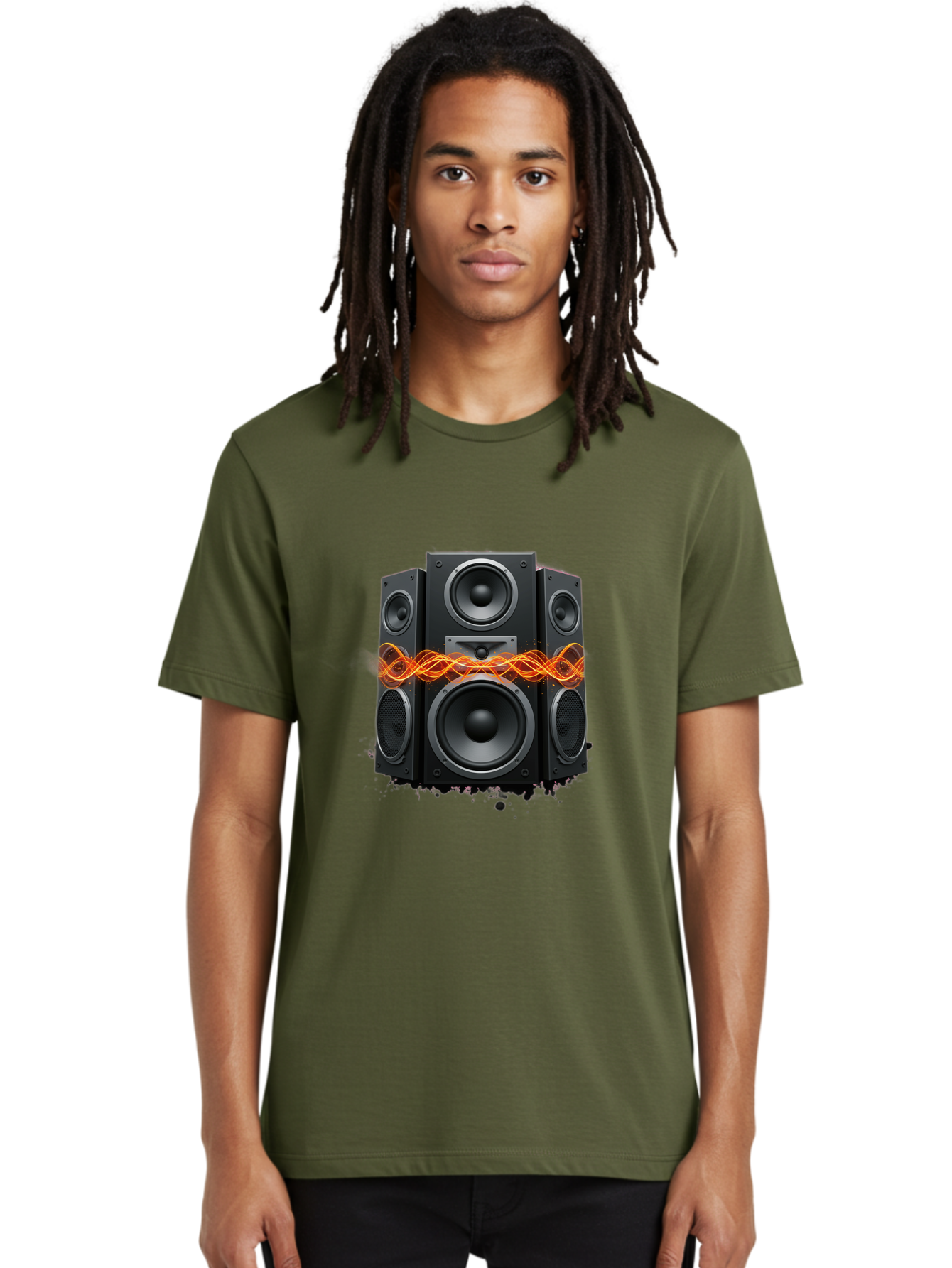 Black-Speakers Men'S Graphic Tee, 100% Cotton, Comfortable Casual Summer Wear, Machine Washable, Sound Wave, Speaker System, Audio Equipment, Music Technology, Sound Vibration, Orange Wave, Black Speakers, Music Sound Bac634