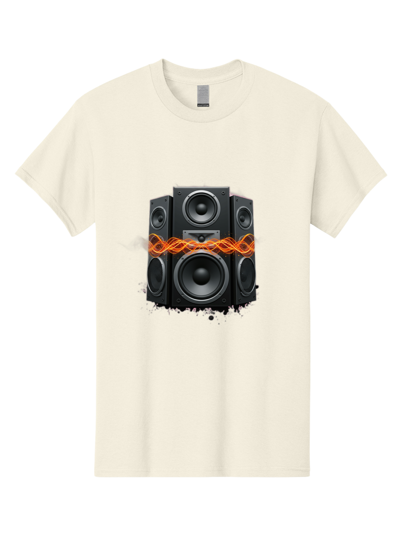 Black-Speakers Men'S Graphic Tee, 100% Cotton, Comfortable Casual Summer Wear, Machine Washable, Sound Wave, Speaker System, Audio Equipment, Music Technology, Sound Vibration, Orange Wave, Black Speakers, Music Sound Bac634