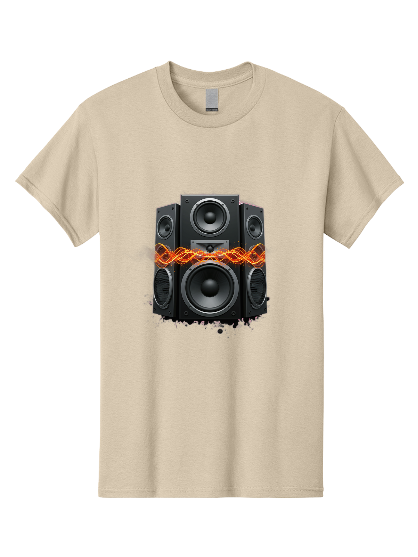 Black-Speakers Men'S Graphic Tee, 100% Cotton, Comfortable Casual Summer Wear, Machine Washable, Sound Wave, Speaker System, Audio Equipment, Music Technology, Sound Vibration, Orange Wave, Black Speakers, Music Sound Bac634