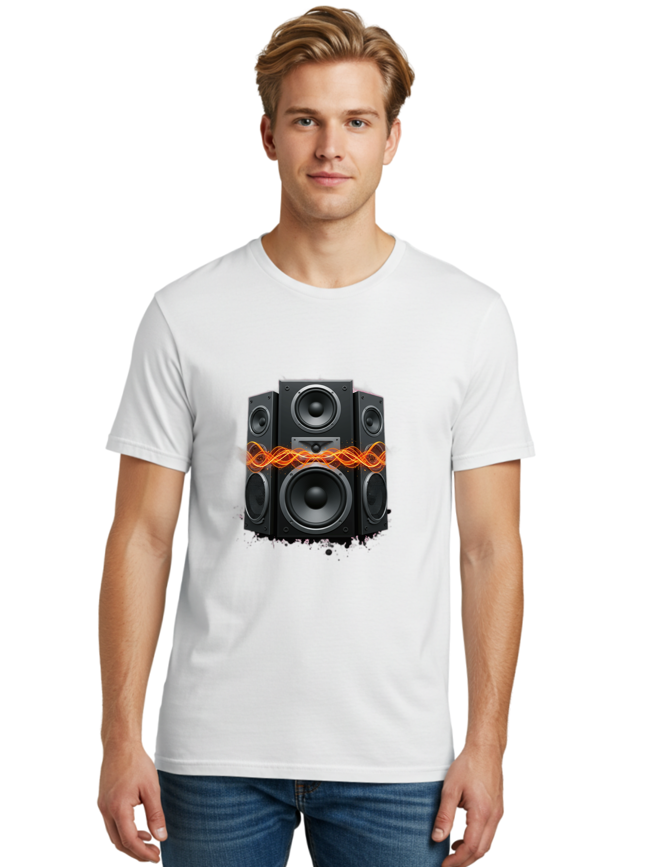 Black-Speakers Men'S Graphic Tee, 100% Cotton, Comfortable Casual Summer Wear, Machine Washable, Sound Wave, Speaker System, Audio Equipment, Music Technology, Sound Vibration, Orange Wave, Black Speakers, Music Sound Bac634