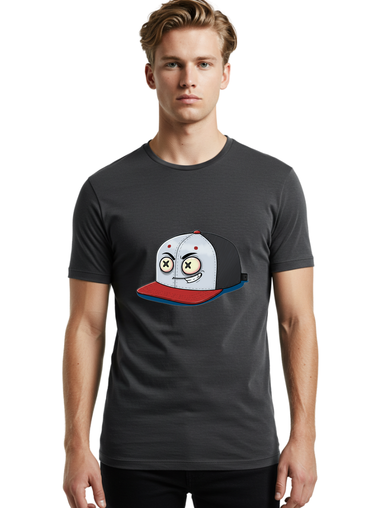 Black-White-Red-Cap Men'S Graphic Tee, 100% Cotton, Comfortable Casual Summer Wear, Machine Washable, Cartoon Hat, Dead Eyes, Black And White Cap, Red Brim, Smiling Face, Quirky Character, Funny Design, Kawaii Style, Anime Influence, Bac635